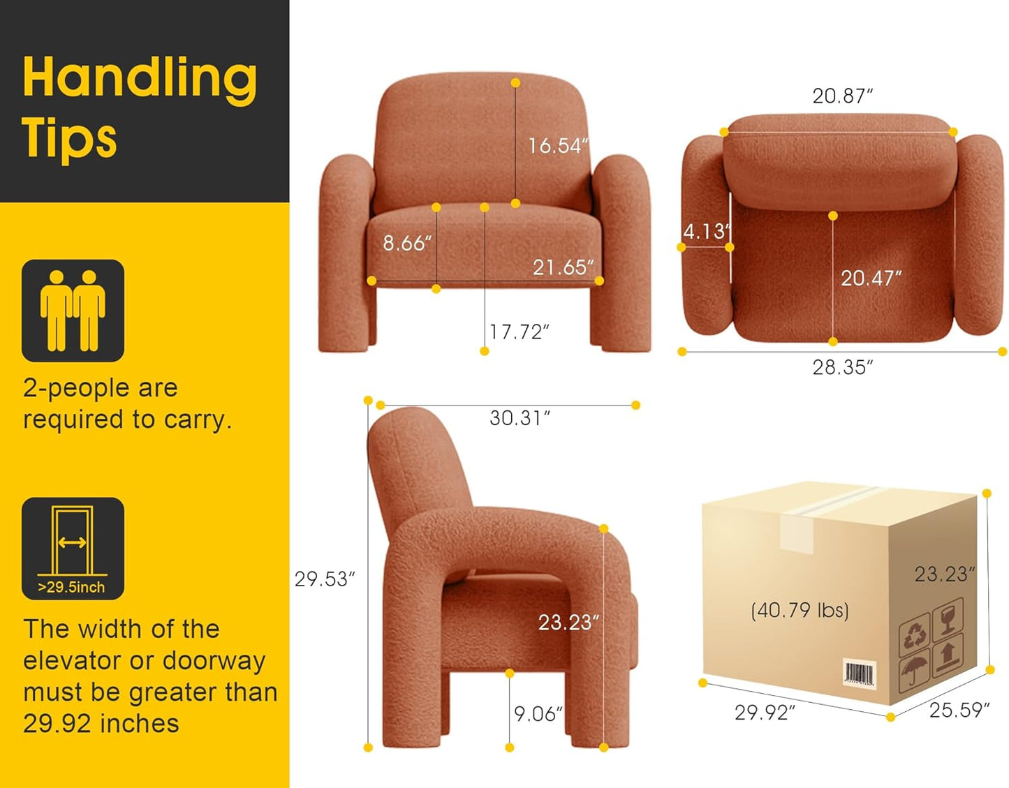 Modern Sherpa Accent Chair, Teddy Upholstered Arm Single Sofa, Cozy Fluffy Reading Chair for Living Room, Bedrooms, Corner (Orange)