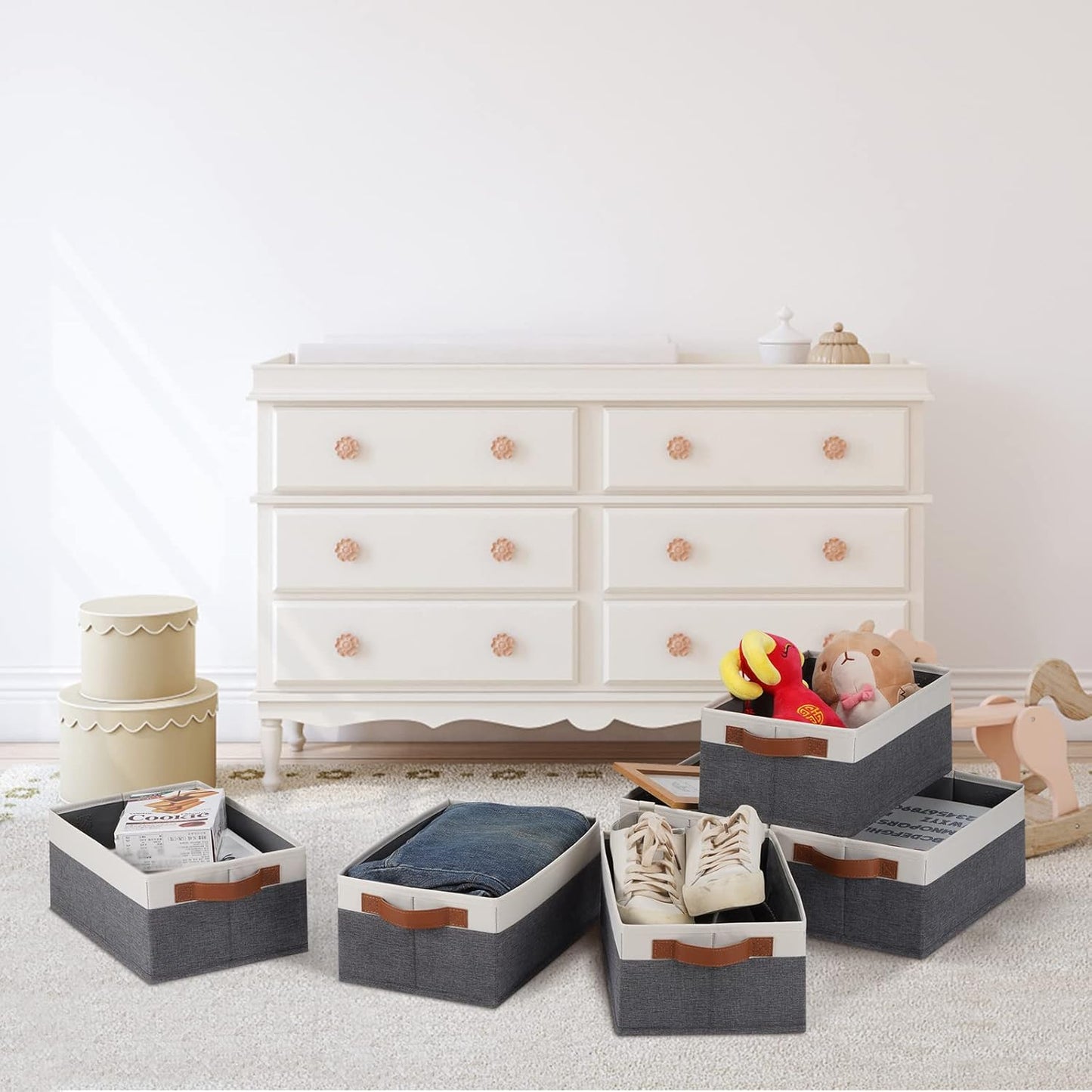 GhvyenntteS Small Fabric Storage Bins 12 Pack, Storage Basket with Leather Handles, Closet Storage Bins for Shelves, Storage Baskets for Shelves, Home, Office (Grey/White, 11.8" x 7.87" x 5.11")