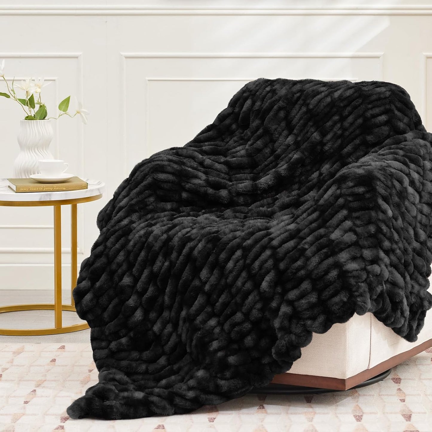 Ultra Soft Luxury Faux Fur Twin Blanket for Counch,Fuzzy Fluffy Plush Warm Cozy Elegant Wrinkled Blanket for Sofa Bedroom Living Room,（60"x80",Tie-dye Black）