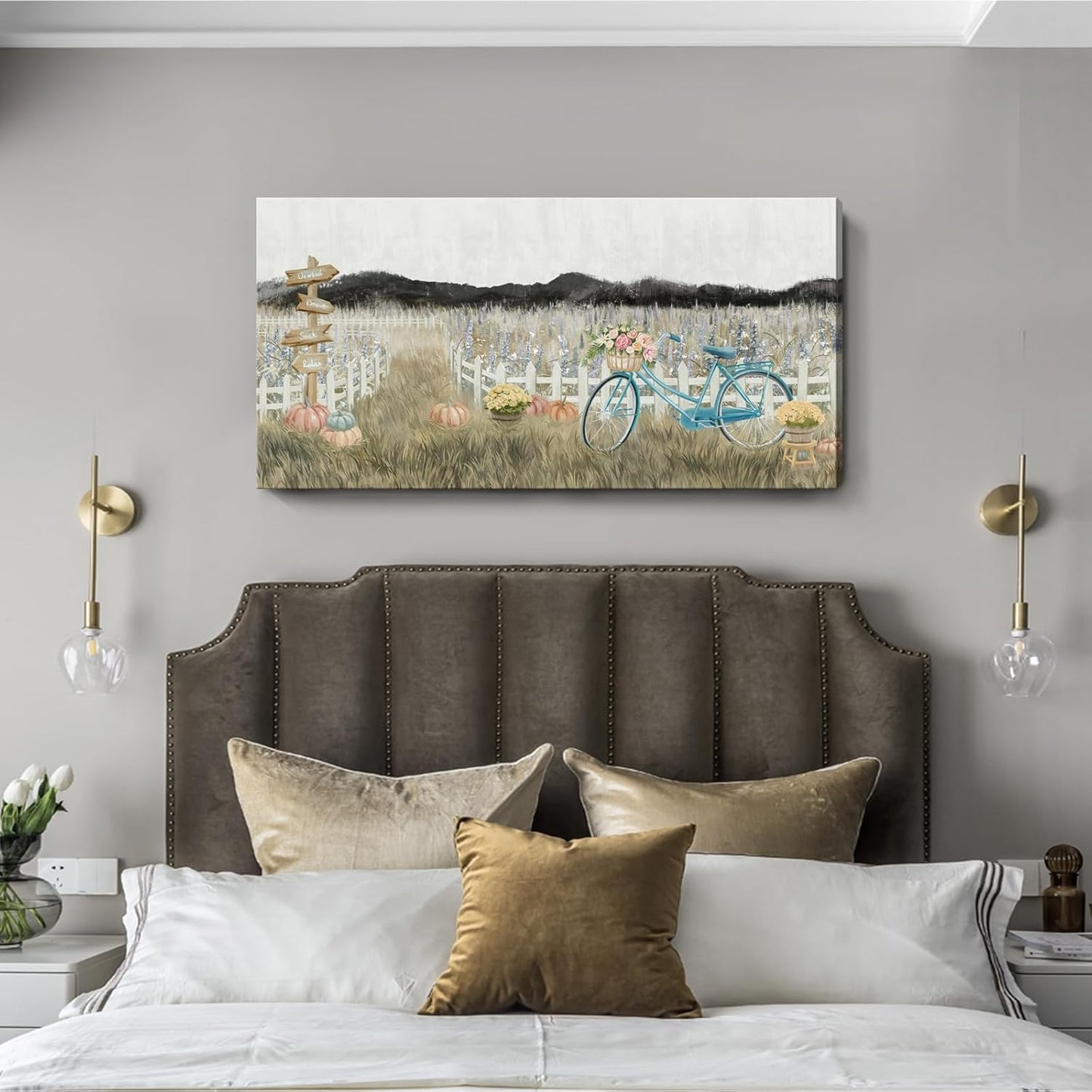 Large Wall Art for Living Room Farmhouse Wall Decor, Modern Boho Vintage Organnic Country Rustic Cottagecore Neutral Landscape Artwork with Mountains Bicycle Flower, Floral Picture Bedroom Kitchen