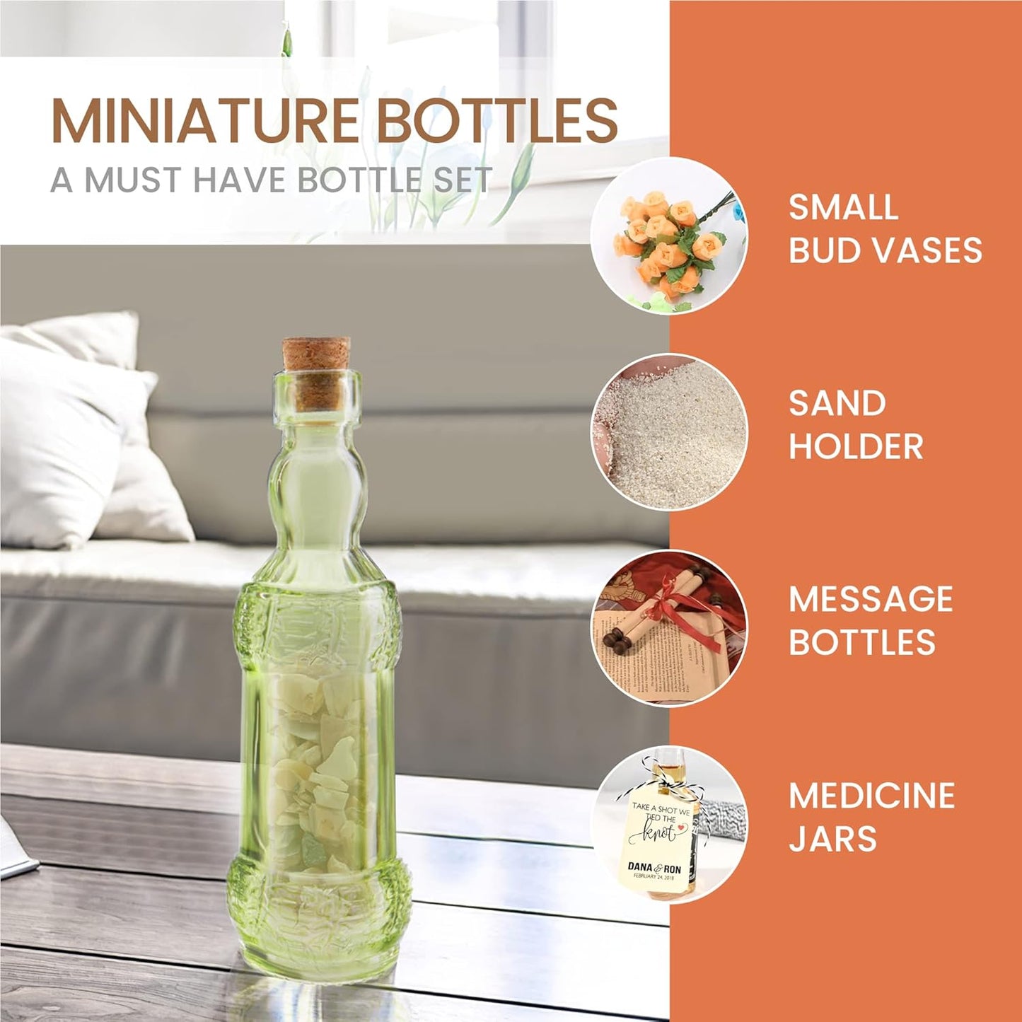 Small Mini Green Vintage Glass Bottles with Corks, Mini Vases, Decorative, Potion, Assorted Design Set of 12 pcs, 4.6 Inch Tall (11.43cm), 1.4 Inch Wide (3.56cm)