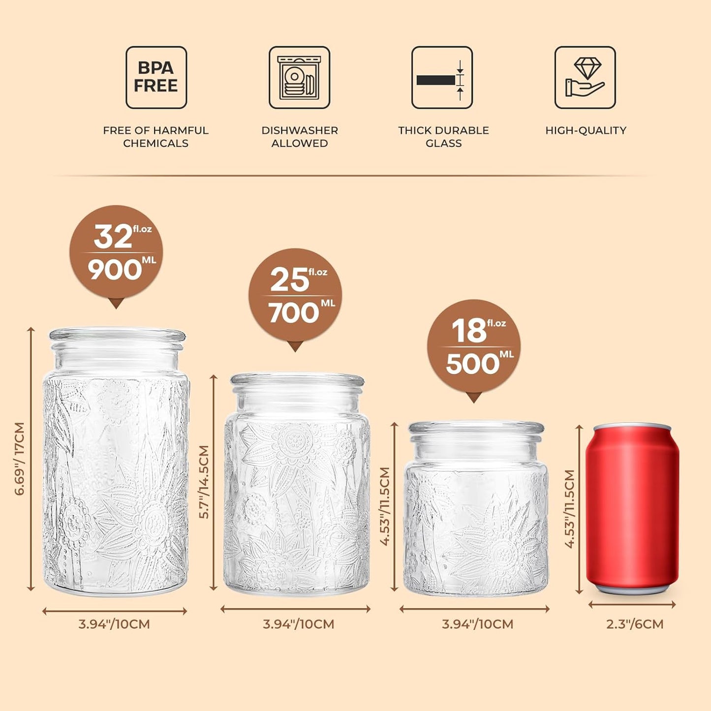 32oz Vintage Glass Jar With Lid, Glass Storage Containers, Airtight Kitchen Storage Containers For Sugar, Coffee, Tea, Spice, Flour, Candy Cookie, Pasta, Cereal, Cute Decorative Jars