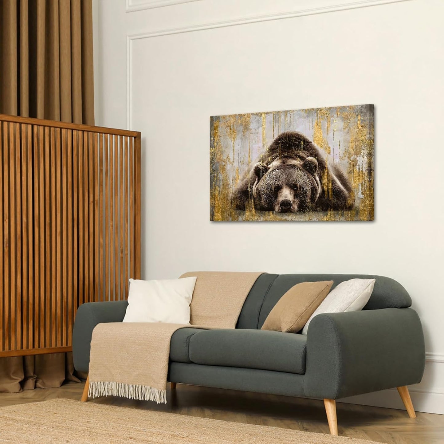 KREATIVE ARTS Bear Sleep Pictures Wall Decor Brown Animal Canvas Wall Art Modern Rustic Woodland Wildlife Print Vintage Framed Artwork for Living Room Bedroom Cabin 32 x 24 Inch