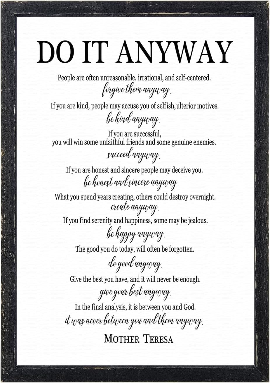 Do It Anyway Mother Teresa Wall Art Decor 16x11 Inch Wooden Framed Wall Hanging Sign (Black)