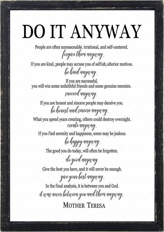 Do It Anyway Mother Teresa Wall Art Decor 16x11 Inch Wooden Framed Wall Hanging Sign (Black)