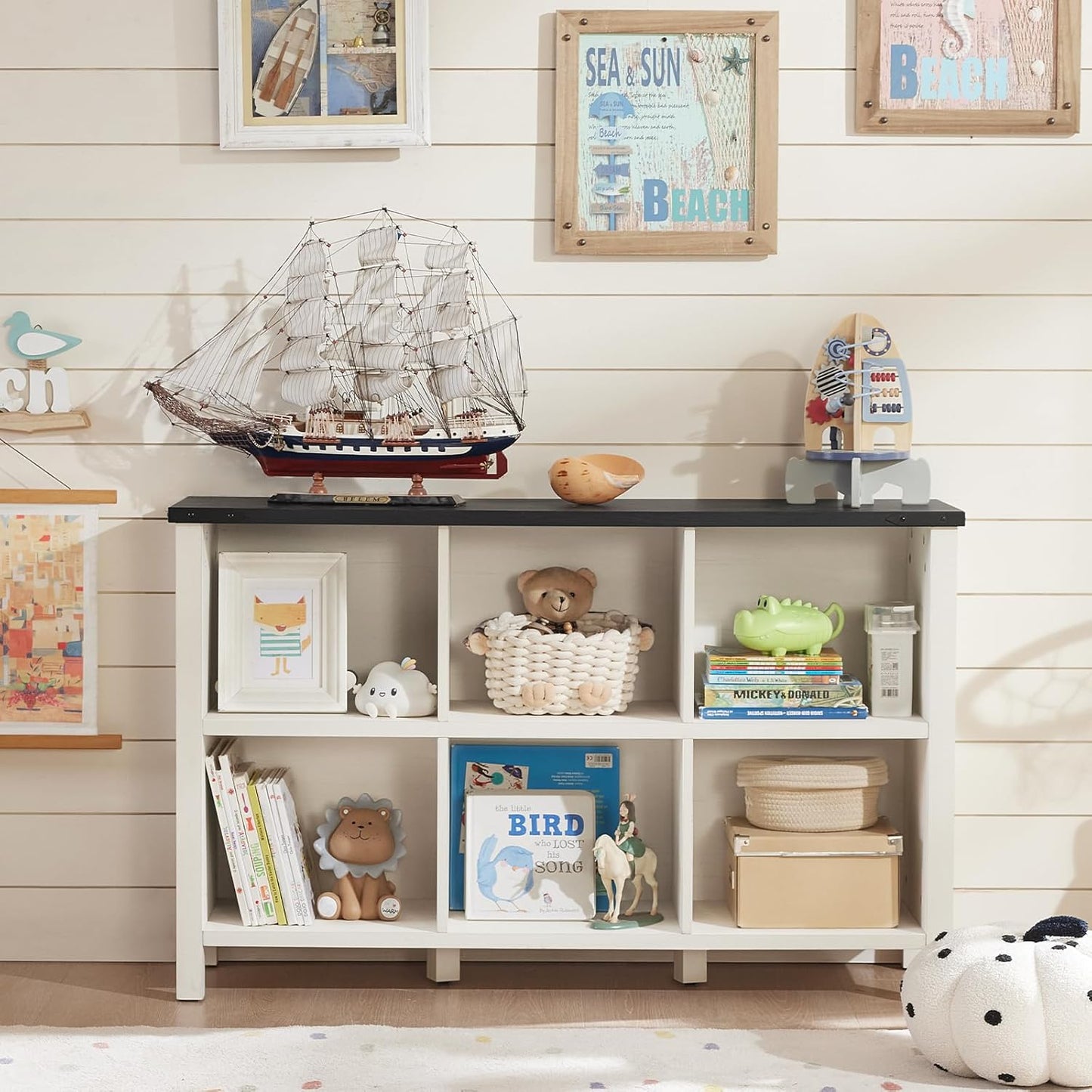 Farmhouse 6 Cube Bookshelf, Antique White & Black Wooden Storage Organizer Book Shelf, 47" Cubby Hallway Bookcase, Kids Toy Storage Cabinet, Modern Open Book Case for Living Room, Playroom