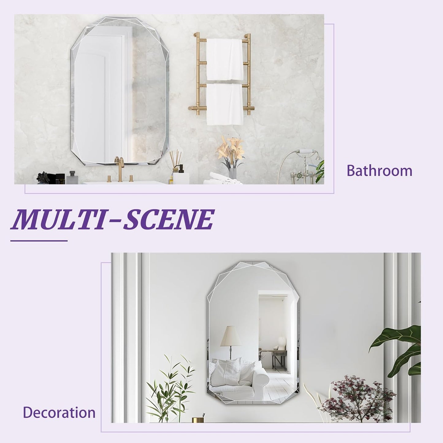 Bathroom Mirror for Wall, 20" x 30" Arched Mirror, Bathroom Vanity Mirrors, Beveled Edge Frameless Wall Mount Vanity Mirror, Wall Mirror Decorative, Irregular Beveled Edge Mirror