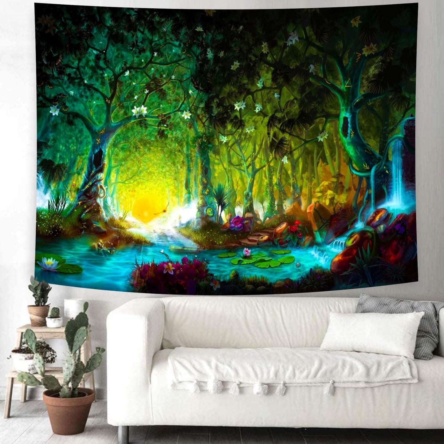 Delur Fantasy Forest Tapestry Mystical River Enchanted Magical Fairy Tale Tree Tapestry Sunrise Landscape Sunset Nature Psychedelic Wall Hanging Headboard for Bedroom Living Room Home Decor (51.2" x 59.1")