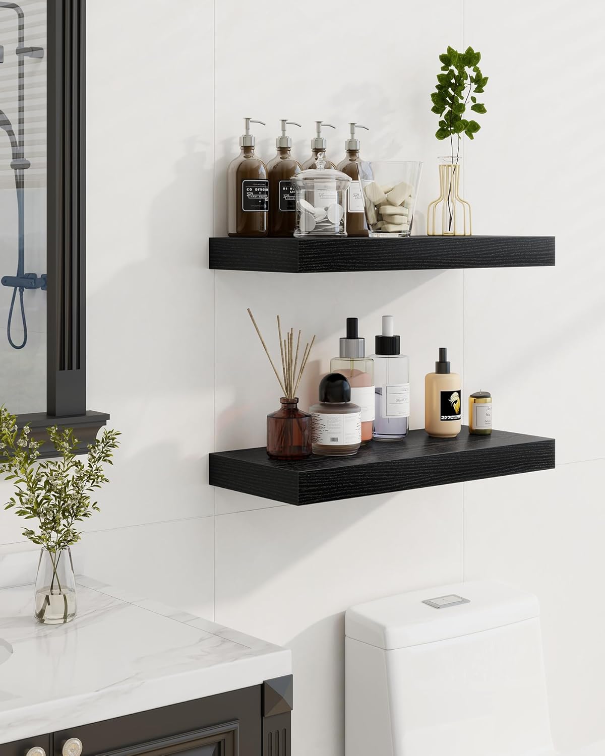 Marsmiles 39" Floating Shelves for Wall, Wooden Shelves with Invisible Brackets Set of 2, Rustic Farmhouse Wall Mounted Shelf for Kitchen Bathroom Living Room Study, Black