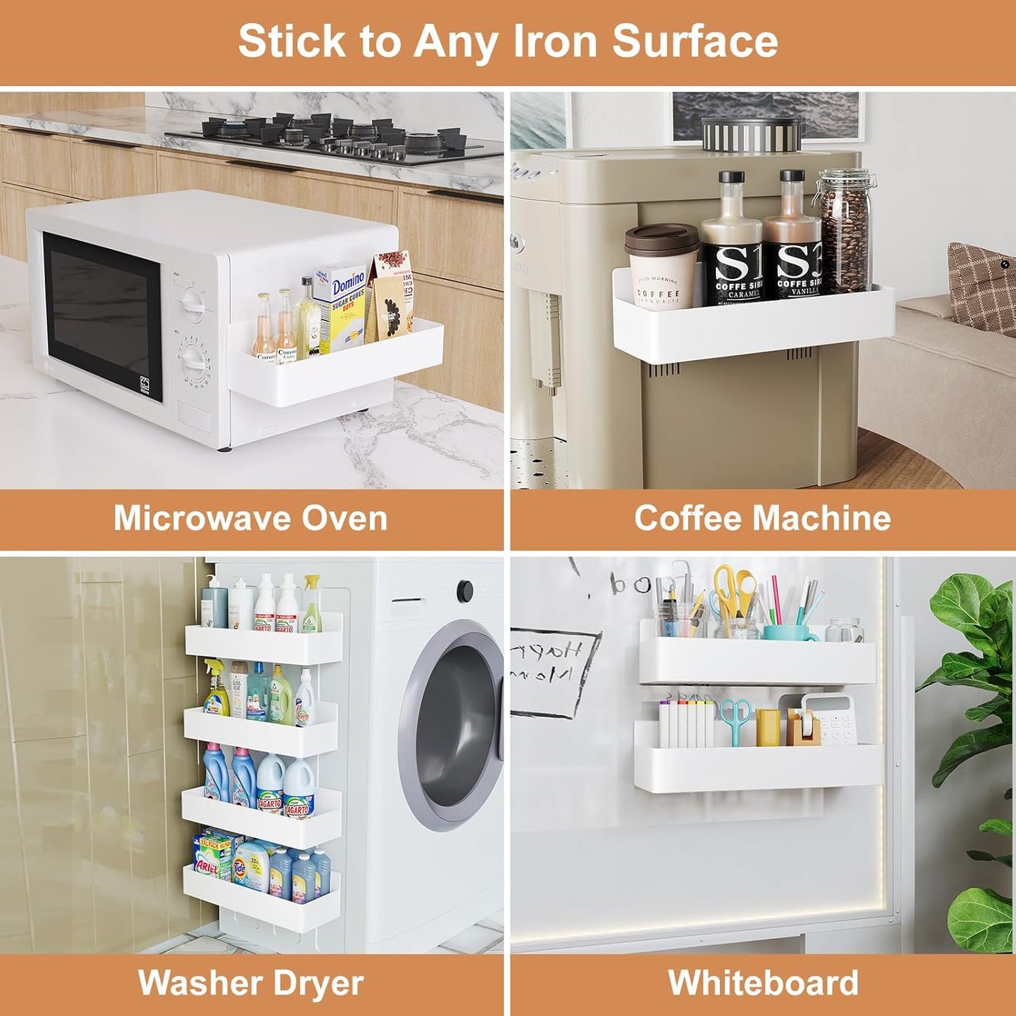 Magnetic Spice Rack for Refrigerator, Kitchen Organizer and Storage Shelf, White (4 Pack)…