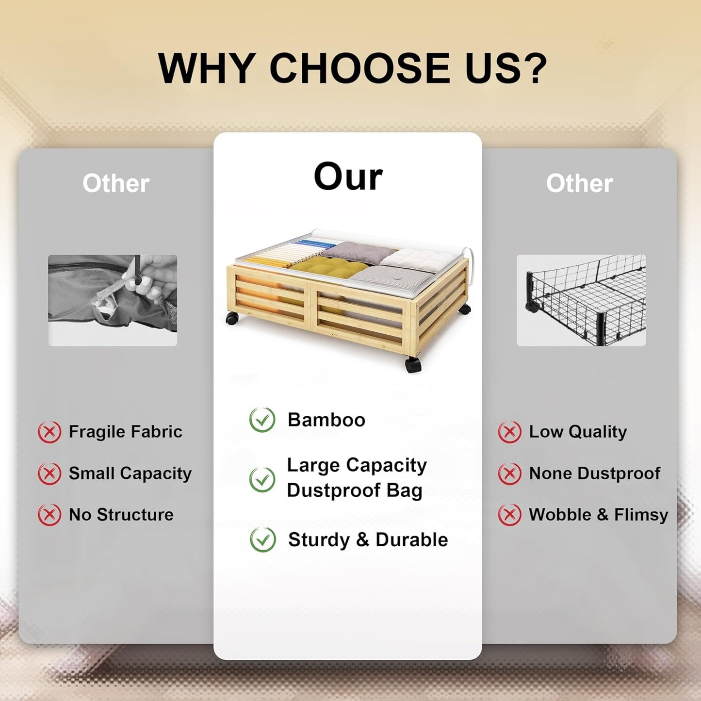 Under Bed Storage with Wheels-Large Bamboo Underbed storage Containers with Large Dust Bag Stackable Under the Bed Shoe Storage Bins for Clothes Books Bedding (2 Packs Nature, 23.62"L×16.54"W× 6.51"H)