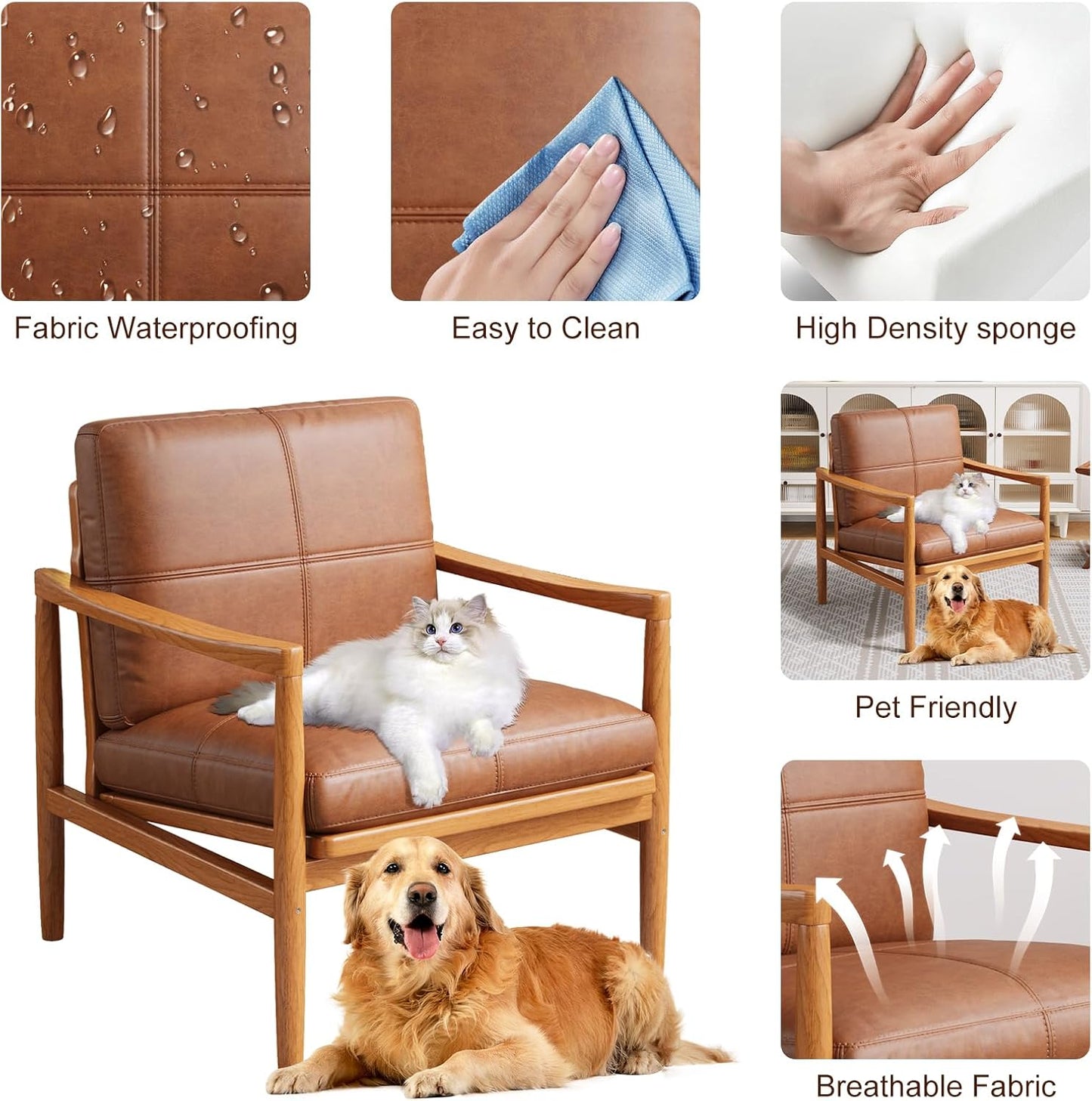 Mid Century Modern Accent Chair Set of 2, Leather Accent Chair, Relaxing Armchair with Solid Wood Frame & Soft Cushion, Reading Leisure Chairs for Living Room