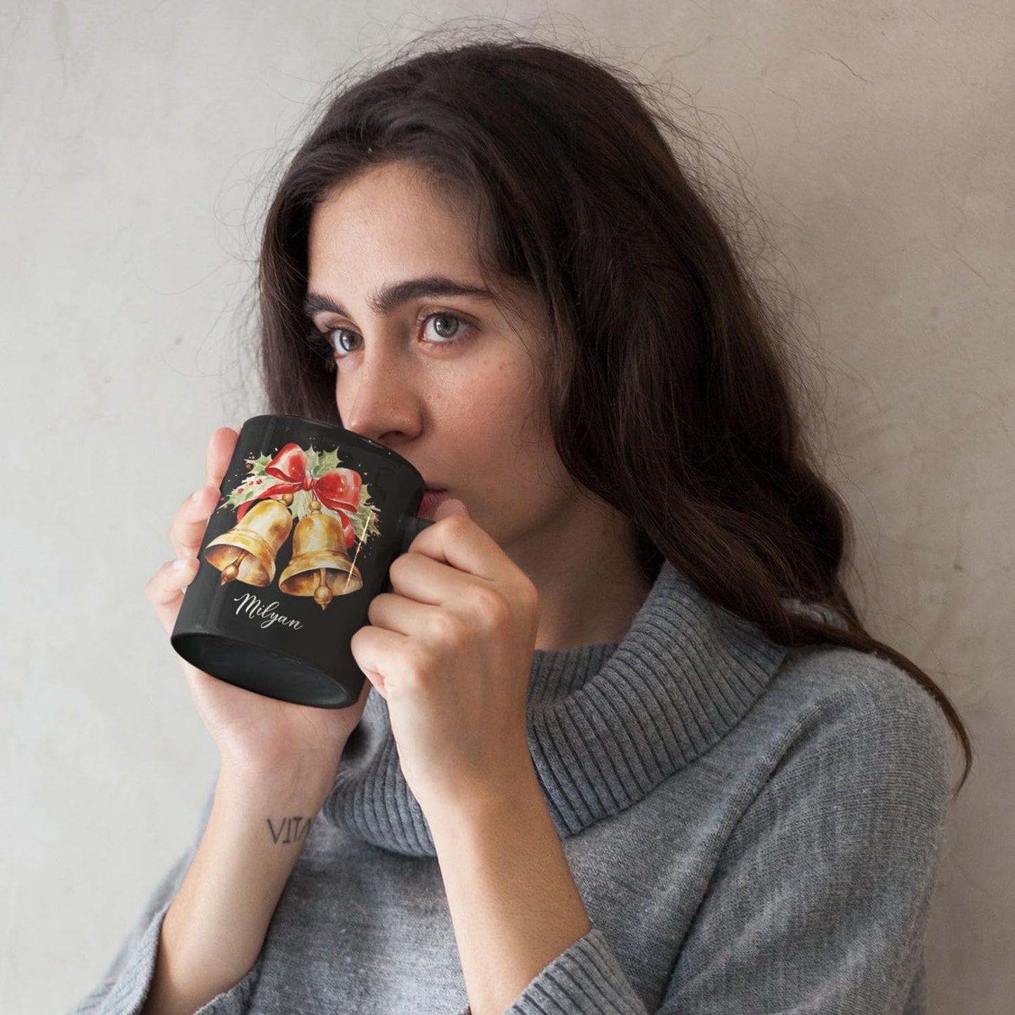 Christmas Jingle Bells Design Ceramic Mug, Custom Christmas Themed Cup With Name, Gift For Sibling, Personalized Coffee Mug With Jingle Bells Design, Customized Xmas Black Cup 11oz 15oz