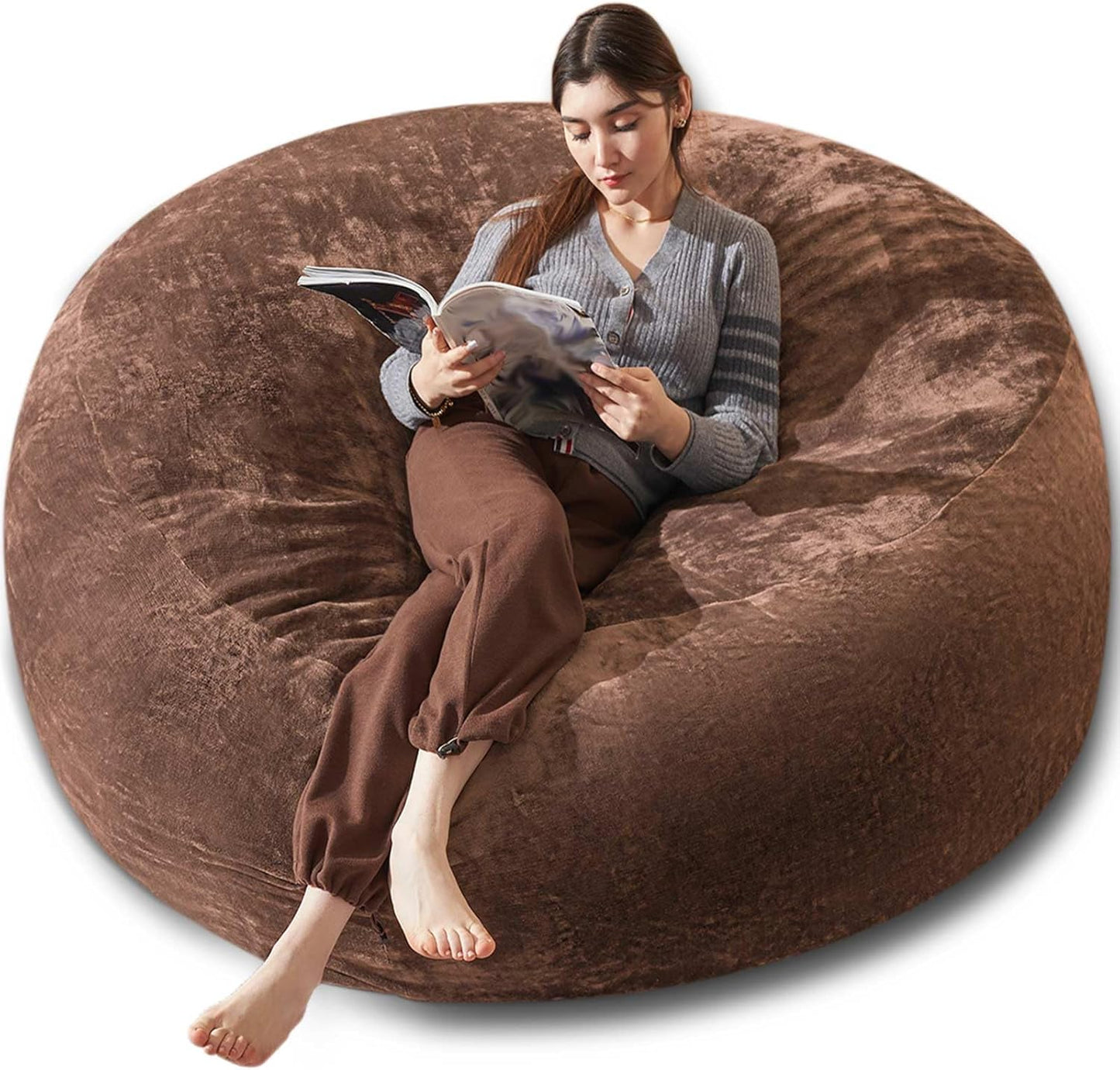 Bean Bag Chair 6Ft, Memory Foam Filled, Large Beanbag Chairs for Adults and Teens, Soft Sofa with Removable Flannel Cover, Round Couch for Living Room Bedroom College Dorm (Coffee, 6FT-67×67"×24")