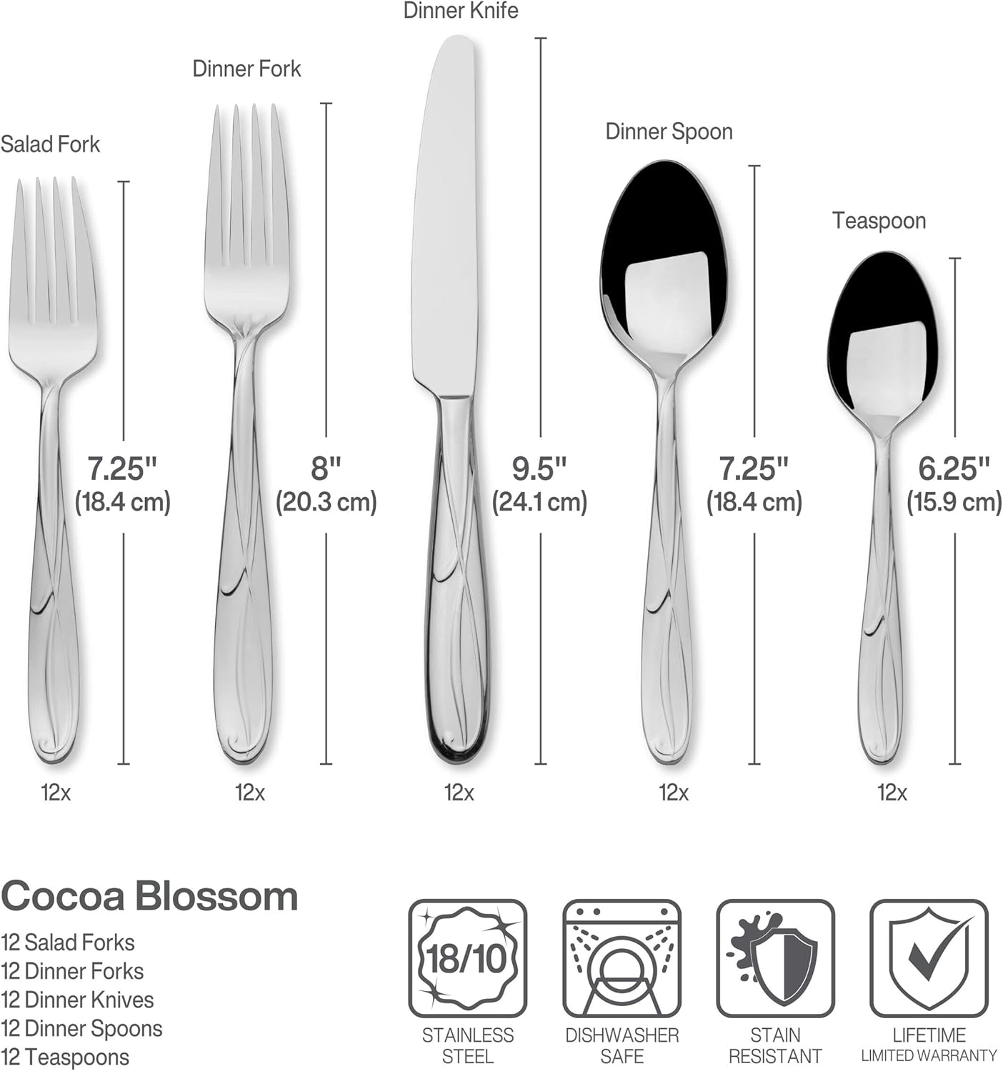 Mikasa Cocoa Blossom 65-Piece Flatware Set for 12, 18/10 Stainless Steel Silverware with Full Service and Serving Utensils, Elegant Floral Design