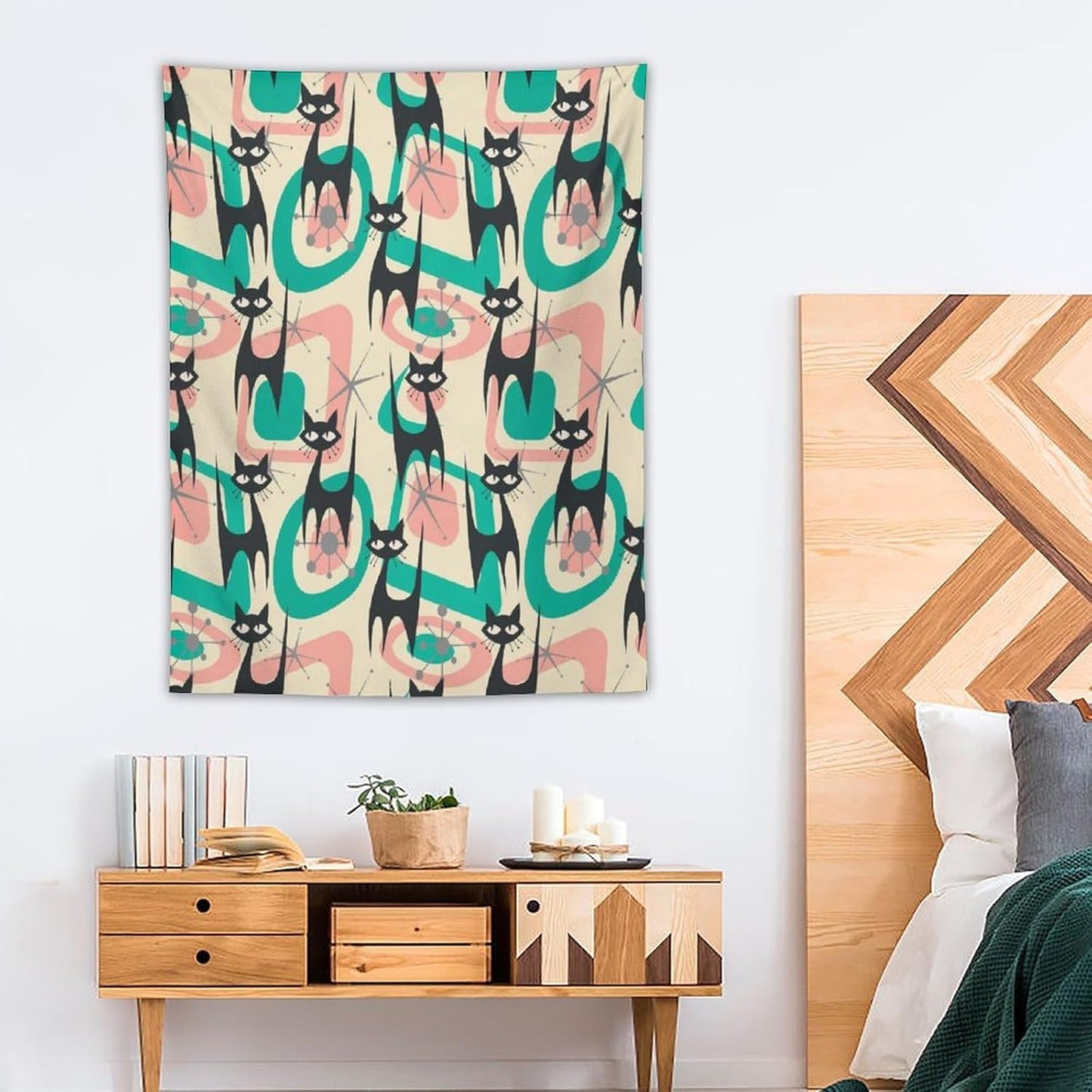 ICMOLYYENLO Boho Medieval Cat Tapestry, Abstract Atomic Starburst Geometric Aesthetic Art Wall Hanging For Bedroom Living Room Dormitory 50x60 Inches