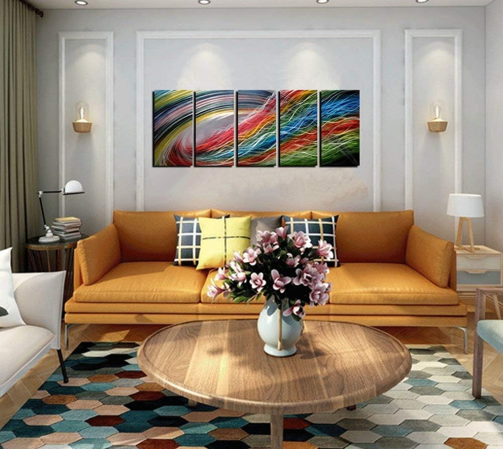 Panel Metal Wall Art with Colorful Wave Lines Design, Abstract Modern and Contemporary Décor, Unique Metal Wall Sculpture, Silver Aluminum Artwork, Indoor and Outdoor decoration, 5 panels 64"x24"