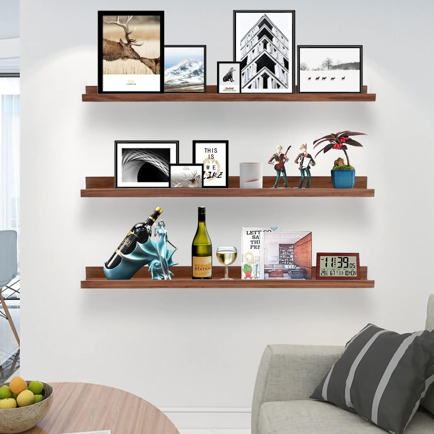 AZSKY 36 Inch Floating Book Shelves Rustic Wood Wall Picture Ledge Shelf for Storage Light Walnut Wall Mounted Picture Photo Display Shelf a Set of 3 Hanging Book Shelf