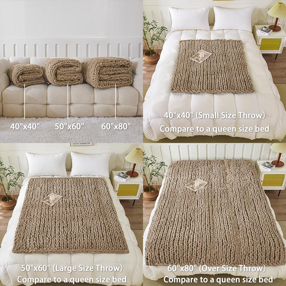 WESHIONGOO Chunky Knit Blanket Throw 40"×40" Knitted Throw Blankets for Couch Bed Fluffy Soft Blanket with Jumbo Chenille Yarn Thick 100% Handmade (Brown)