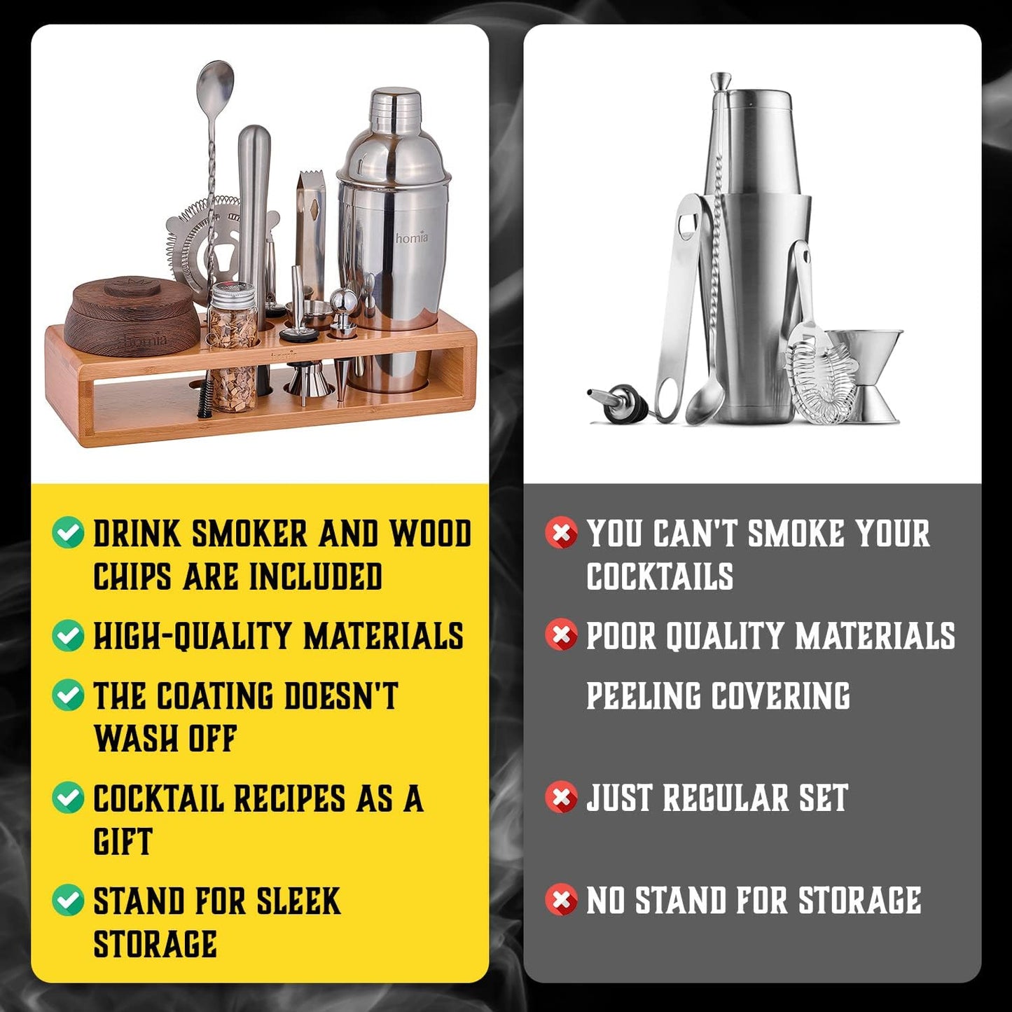 Bartender Kit with Whiskey Smoker - 13 pcs, Bamboo Stand - Bar Set with Cocktail Shaker, Bartending Kit with Essential Bar Accessory Tools, Wood Chips, Steel