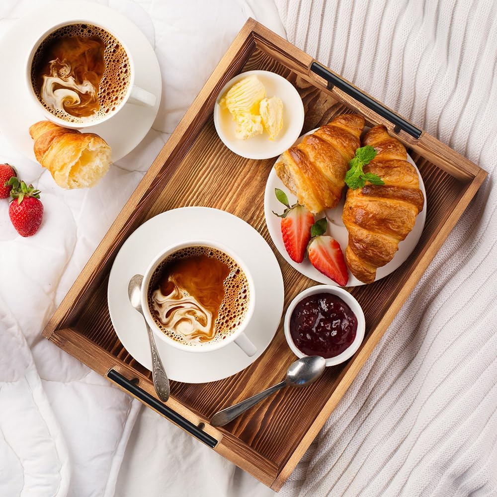 LotFancy Large Ottoman Tray for Living Room, 17x13'' Wood Serving Tray with Handles, Home Décor for Coffee Table, Sofa, 2 Skidproof Coasters Included