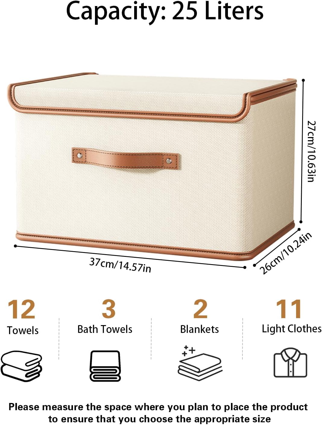 Tuza 2 Pack Storage Bins with Lids, Collapsible Closet Organizer Container, Fabric Organizer Box with Handles, Decorative Storage Boxes with Lids for Organizing Clothes, Books, File, White, Medium