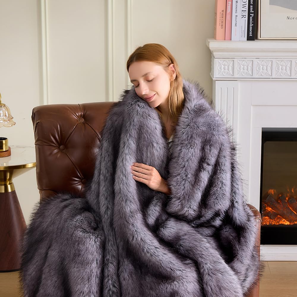 Fluffy Faux Fur Throw Blanket – Super Soft Warm Thick Plush Blanket for Bed, Couch & Office, Cozy Fuzzy Throw with Flannel Backing,90"x90", Grey