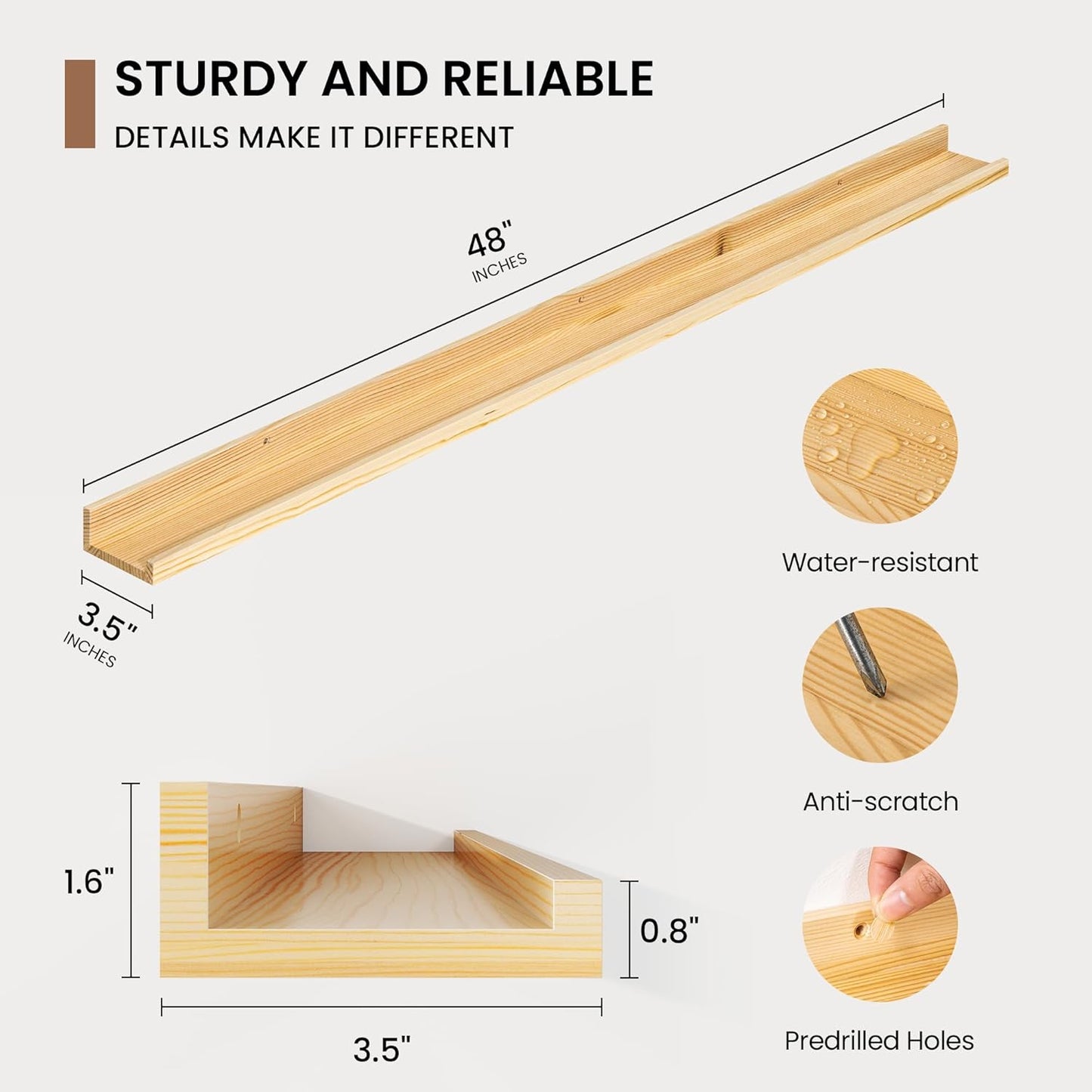 Picture Ledge Shelf, Solid Pine Wood Floating Shelves Set of 2, 48 Inches Nursery Book Shelves for Toys Storage, Kids Bookshelf Wall Mounted for Living Room Bedroom Decor Books Photo Frames, Natural
