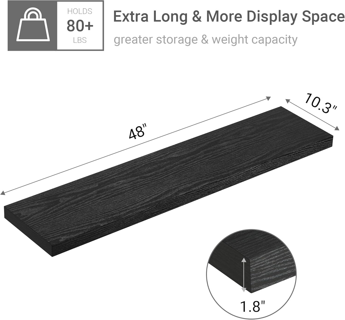 Single Floating Shelves 48 Inches, 48 x 10 inch Deep x 1.8 in Thick, Long Wall Shelves Heavy Duty 80 lbs for Bedroom, Living Room, Kitchen, Office, Modern Shelf Book Home Decor, Black