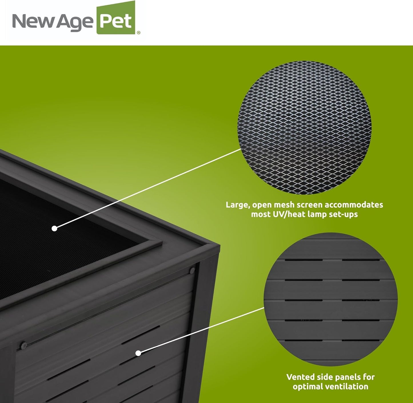 New Age Pet ECOFLEX 48 in Mojave Reptile Lounge in Espresso Black, Durable Wood Plastic Composite Habitat with Vented Side Panels, Removable Sliding Glass Doors, and Mesh Screen Top for Lamp Setup,