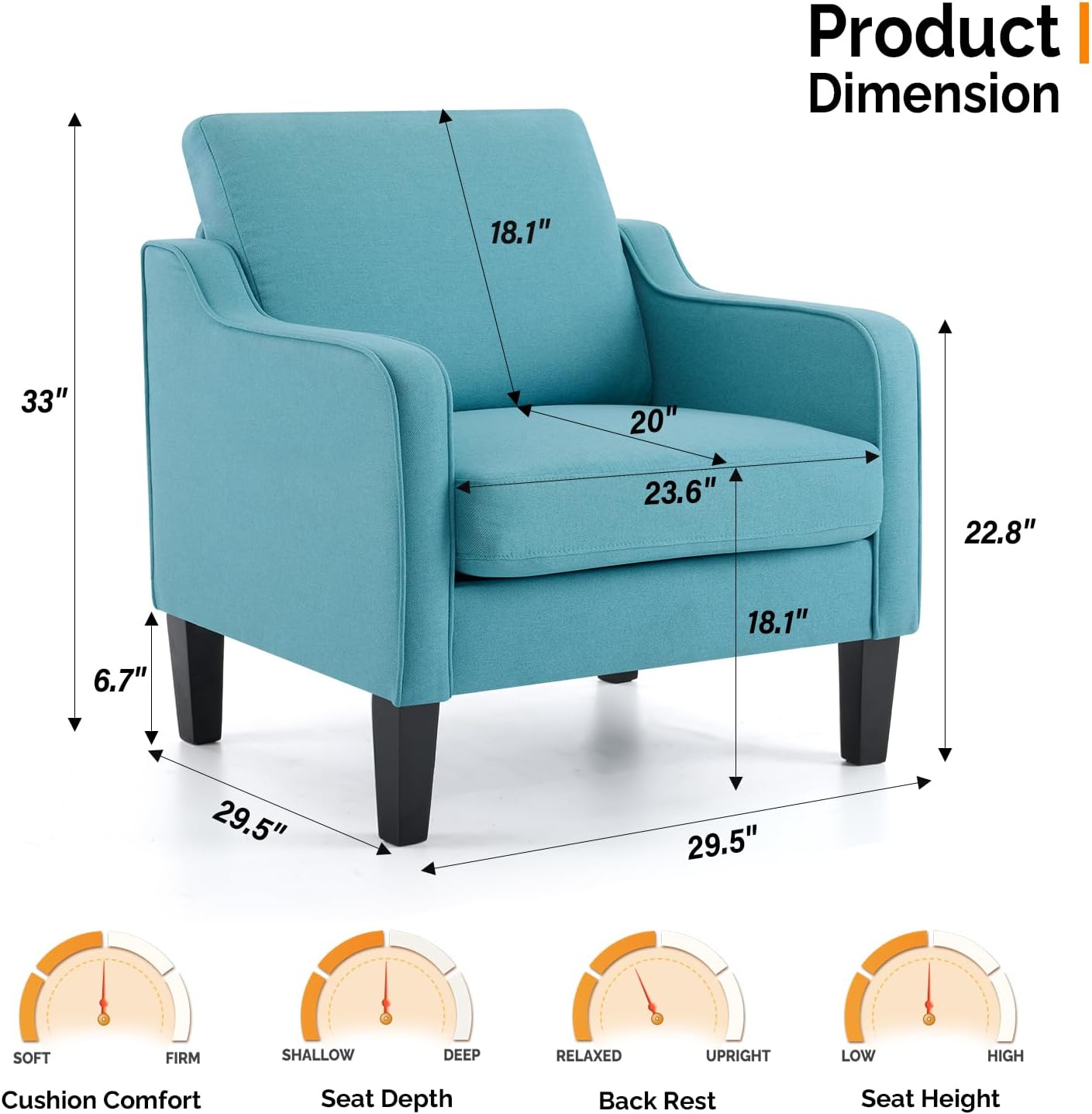 VINGLI Accent Chairs Set of 2 Living Room Chairs Teal Blue Reading Chair for Bedroom Scooped Arm Chair Mid Century Modern Accent Chairs Upholstered Comfy Chair for Apartment, Waiting Room