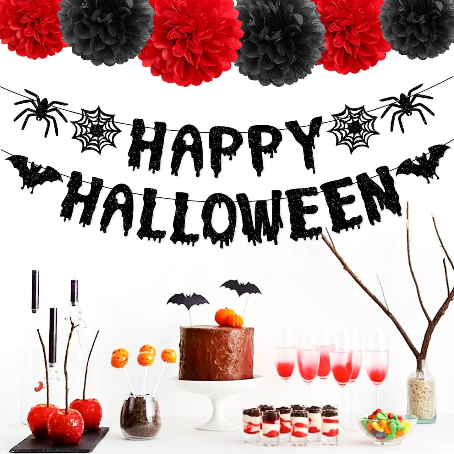 Red Black Happy-Halloween Party Decorations - 13PCS Spider Web Bats Streamers Banner ,Paper Flowers Lanterns Tissue Pom Poms Fans, Classroom Birthday Bachelorette Hanging Supplies Decor Hugfond