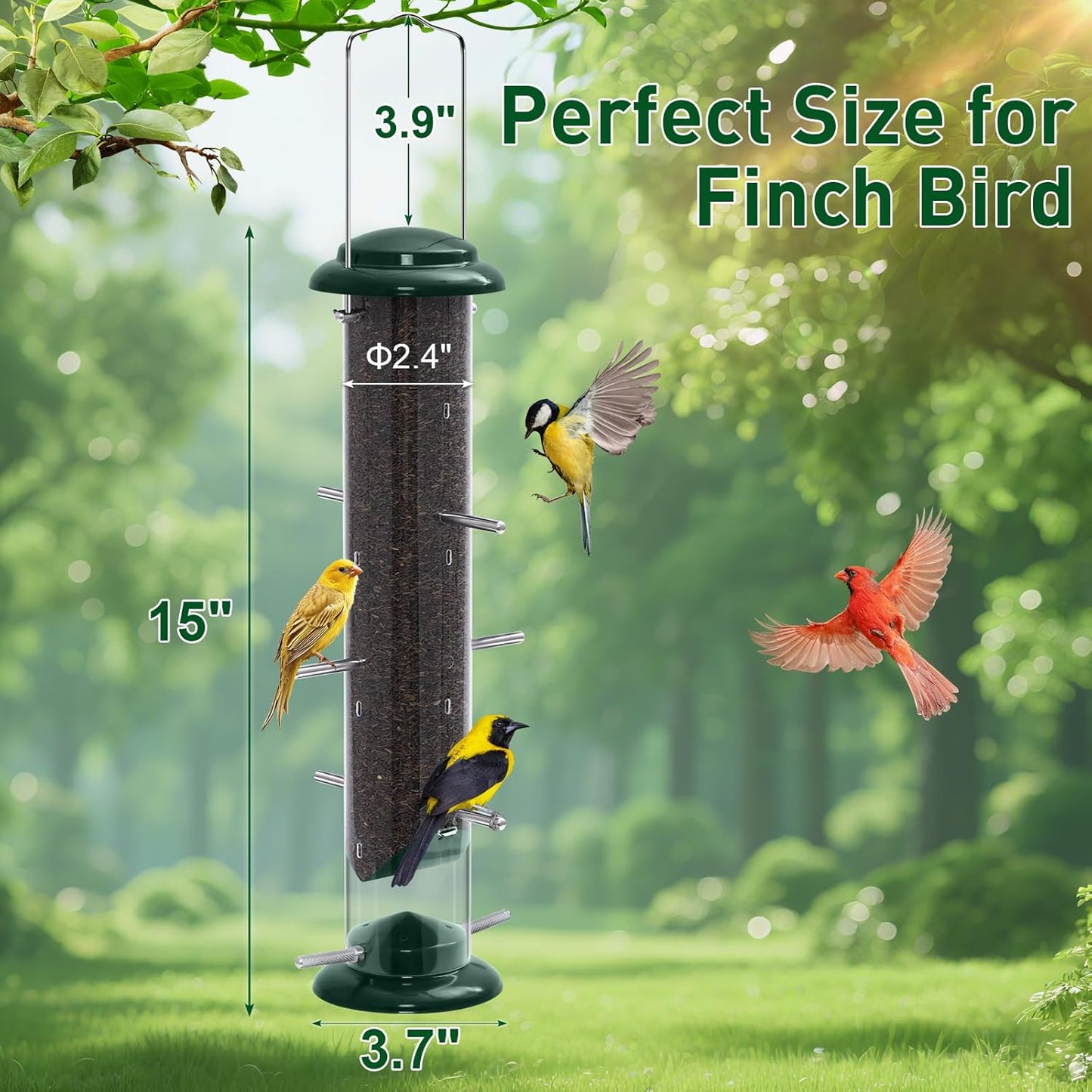 FEED GARDEN Finch Feeders for Outside, Nyjer & Thistle Bird Feeders, 15 Inch Tube Feeder with 12 Small Ports & 8 Perches, Durable Metal Design for Outdoor Hanging, Easy Fill & Clean