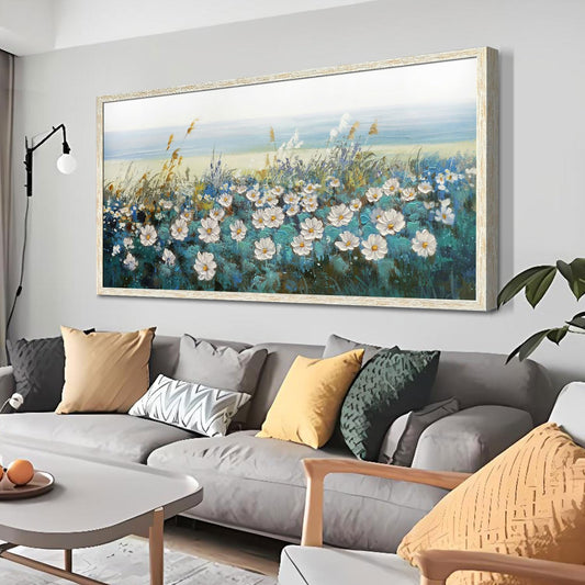 Arjun Flowers Wall Art Canvas White Daisy Floral Painting Blue Coastal Landscape Picture Modern Artwork for Living Room Bedroom Bathroom Dinning Room Office Home Wall Decor Large Framed 40"x20"