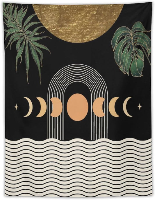 Abstract Boho Tapestry, Mid Century Tropical Tree Leaves Modern Geometric Arch Bohemian Botanical Tapestry, Home Aesthetic Wall Hanging Art Decor for Living Room Bedroom Dormitory 60x60 Inch