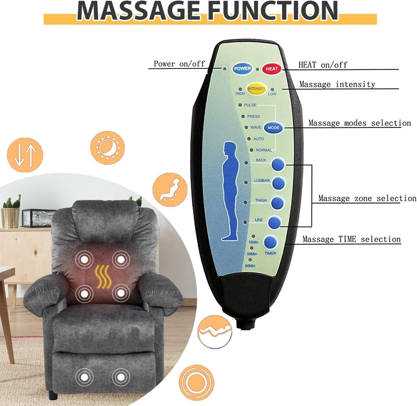 KCREAM Massage Recliner Chair with Heating,Overstuffed Fabric Reclining Chairs for Living Room,Small Recliner Manual Reclining Single Sofa Recliners Lounge Chair,Grey