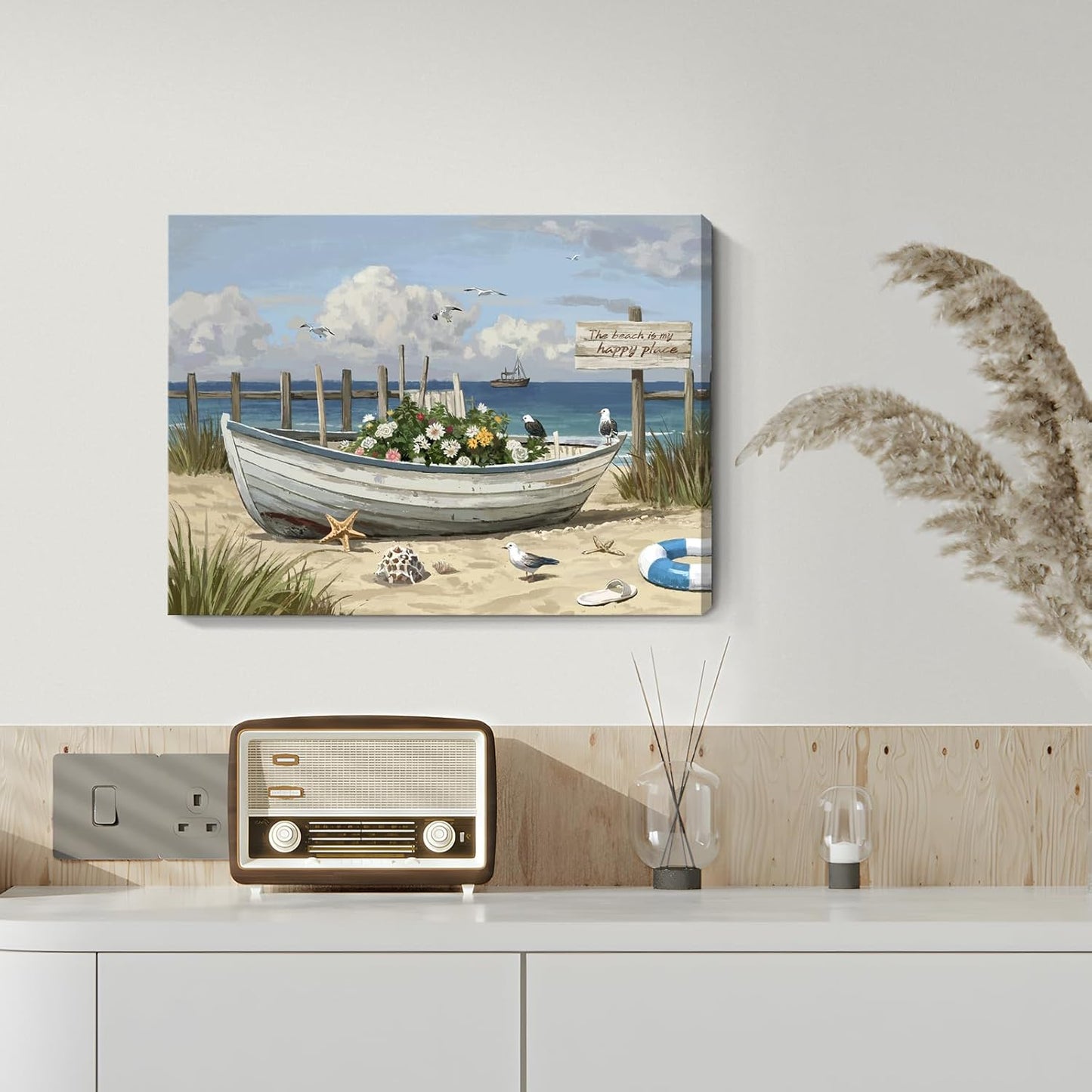 amatop Coastal Wall Art– Beach Scene Picture with Boat on Sandy Shore, Flowers and Sea Birds, Blue Ocean Seascape Themed Canvas Print Nautical Artwork for Bathroom and Bedroom Decor, Small 16x12 Inch