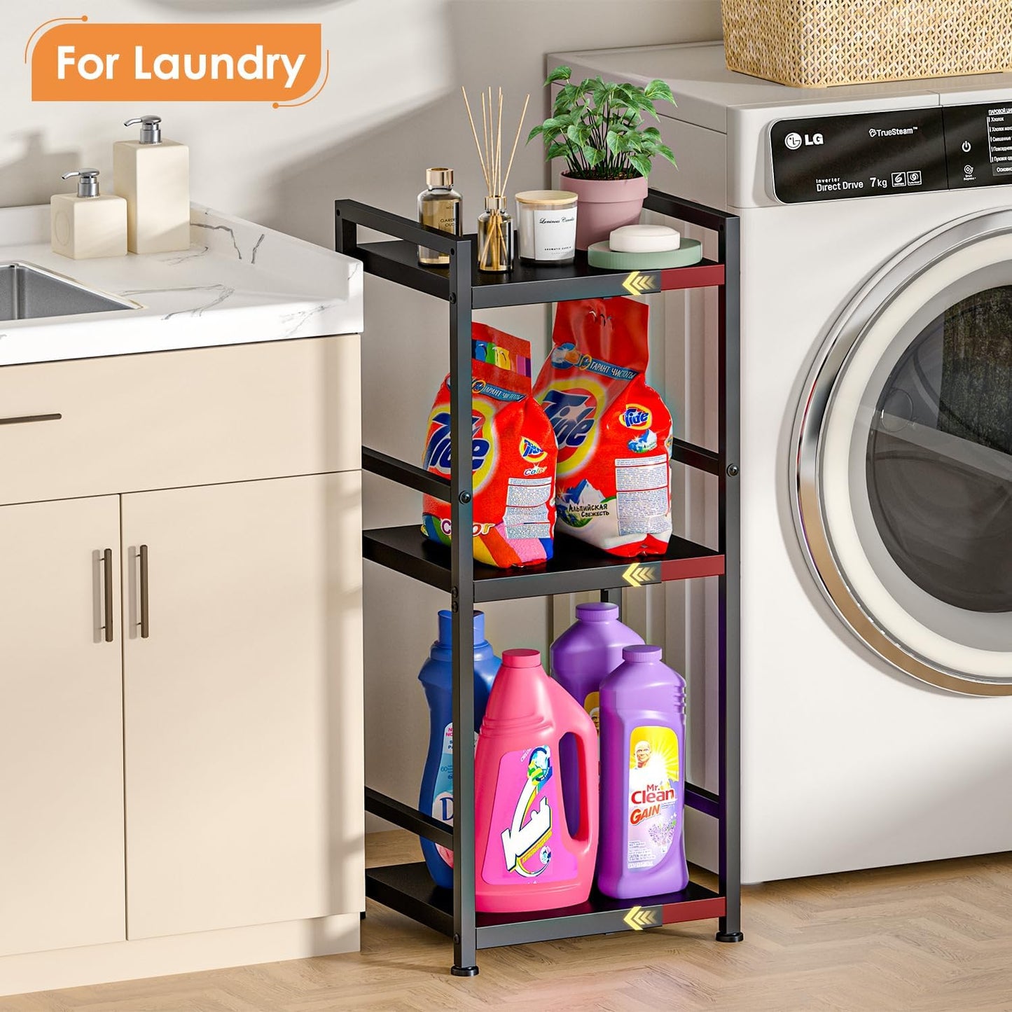 3-Tier Expandable Storage Shelves, 110LBS Heavy Duty Metal Shelving Unit, Adjustable Laundry Room Organization and Storage Shelf Rack,Ideal Narrow Bathroom Kitchen Laundry Room Organizer,Free-Standing