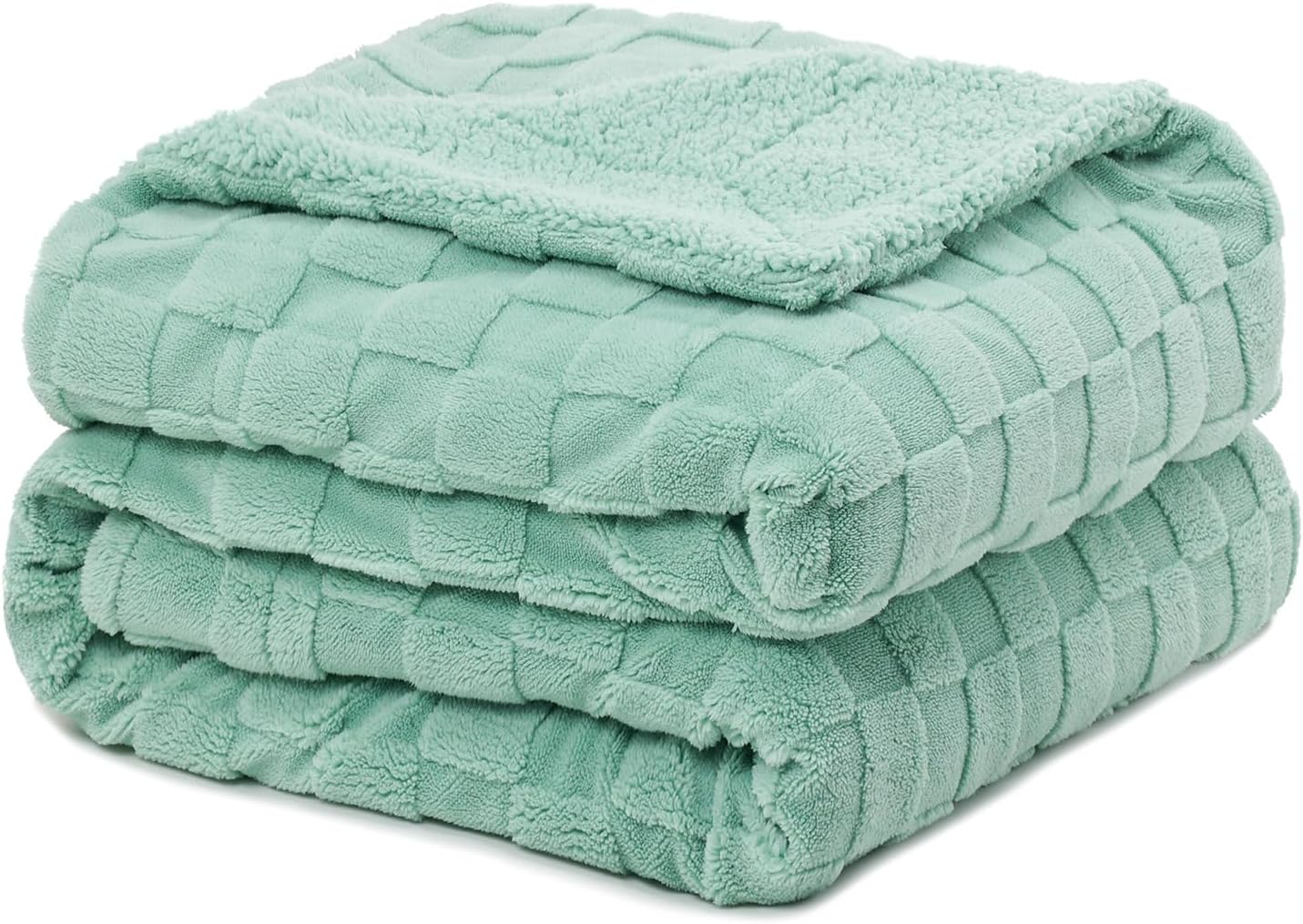 Pawque Super Soft Cozy Throw Blanket Twin Size for Couch Bed, Fluffy Sherpa Fleece Reversible Thick Warm Fuzzy Blanket for All-Season, 3D Checkered Jacquard Decorative Blankets, Sage Green, 60"x80"