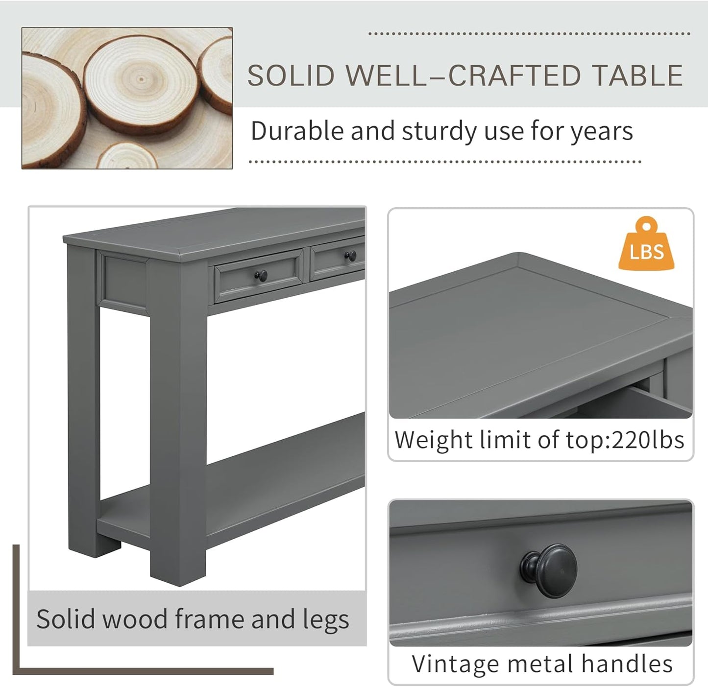 Solid Wood Console Table 63 in Long Sofa Table Entryway Table with 4 Drawers and Bottom Shelf for Hallway Living Room Couch Table,Fully Assembled,63" Tan