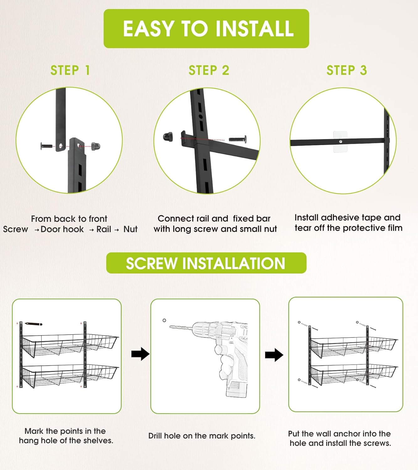 Over The Door Pantry Organizer, Wall Mount Spice Rack, Pantry Hanging Storage and Organization, 8 Adjustable Baskets Heavy-Duty Metal for Home & Kitchen, Back of Door Seasoning Rack - White