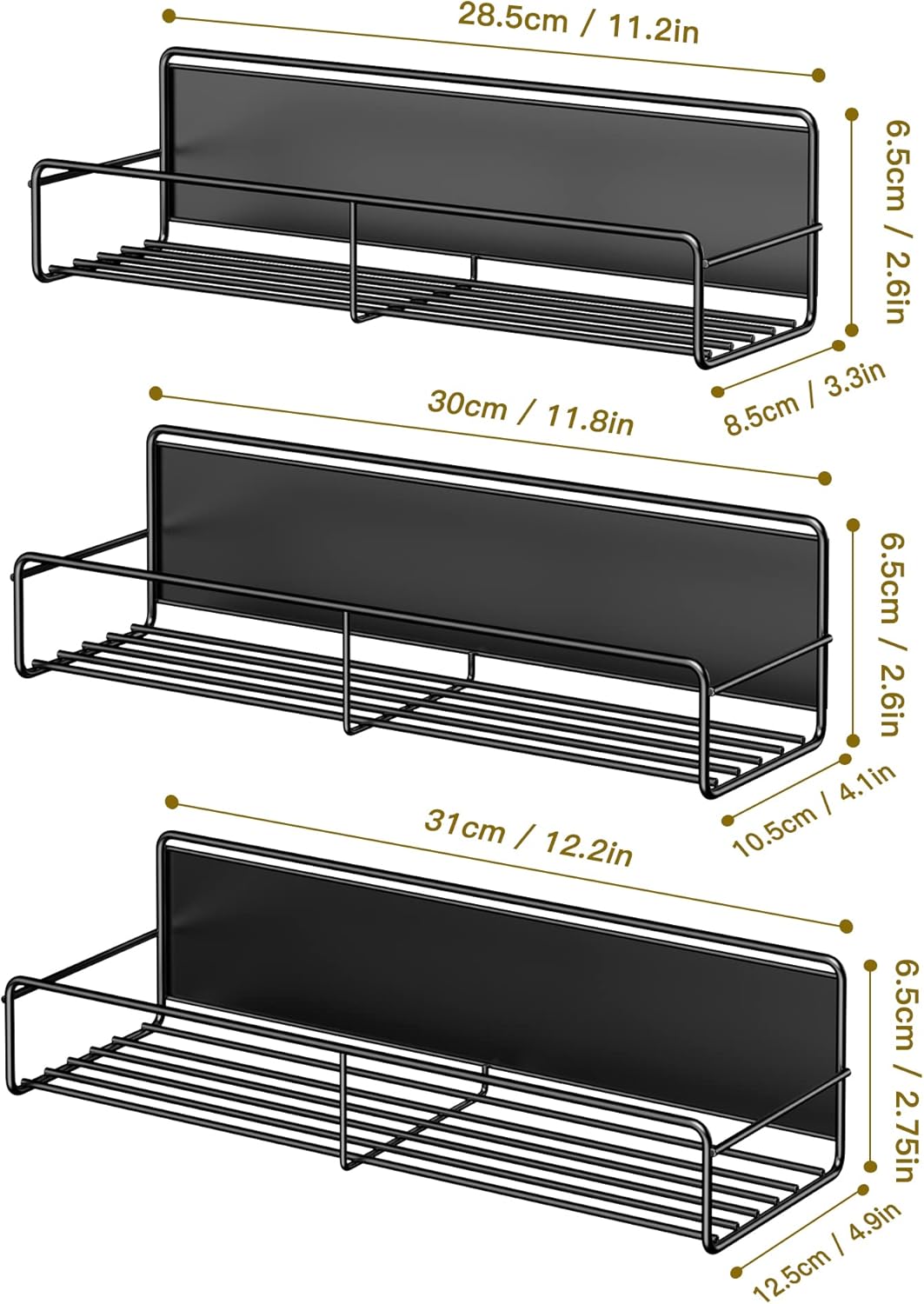 3 Pack Magnetic Spice Rack Organizer, Space Saver for Refrigerator and Whiteboard, Metal Fridge Shelf for Kitchen and Classroom, Black