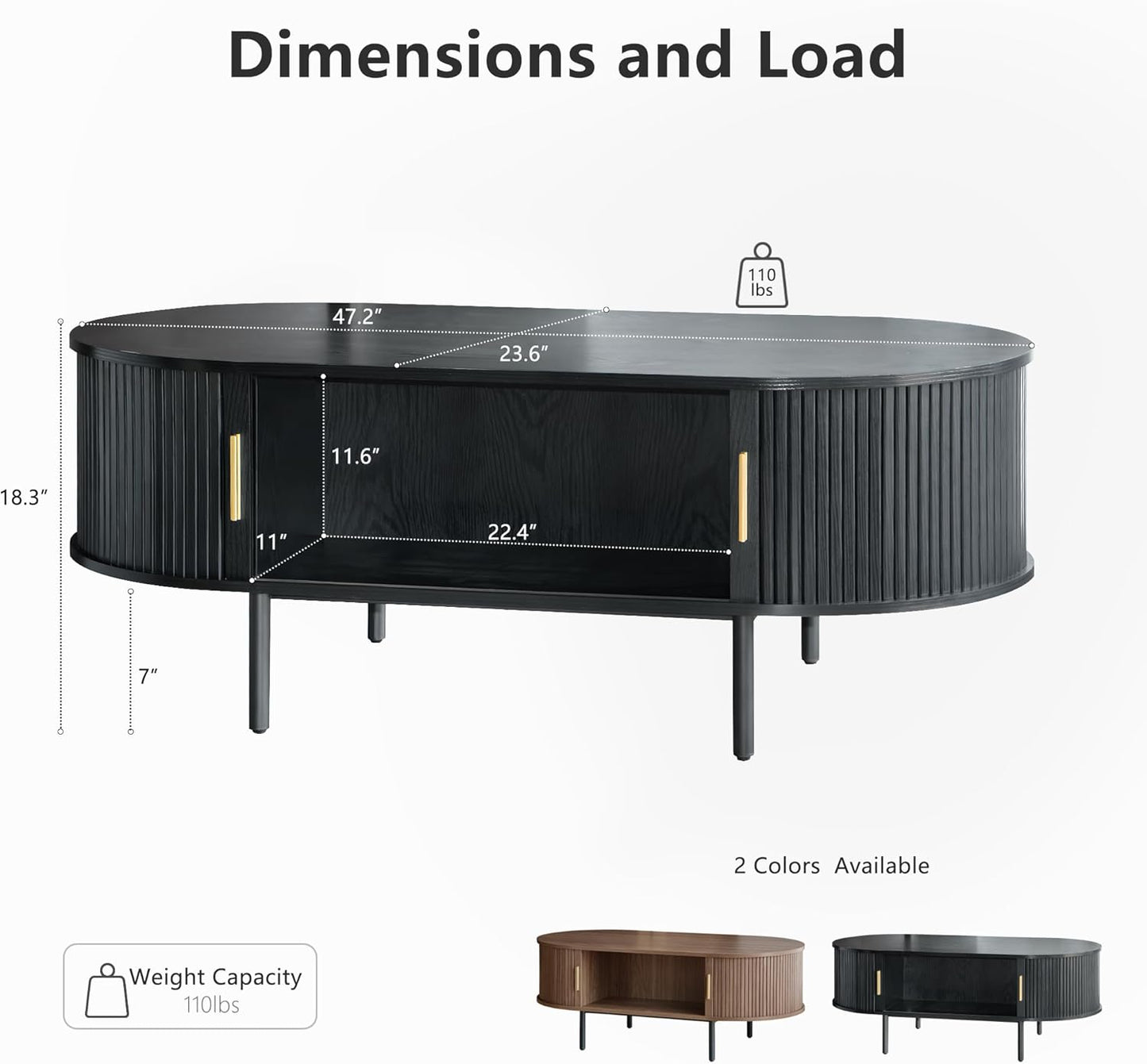 Modern Coffee Table with Storage, 47.2" Oval Fluted Coffee Table with Sliding Doors, Minimalist Tea Table with Wood Grain Veneer, Mid Century Center Tables for Living Room, Apartment, Black