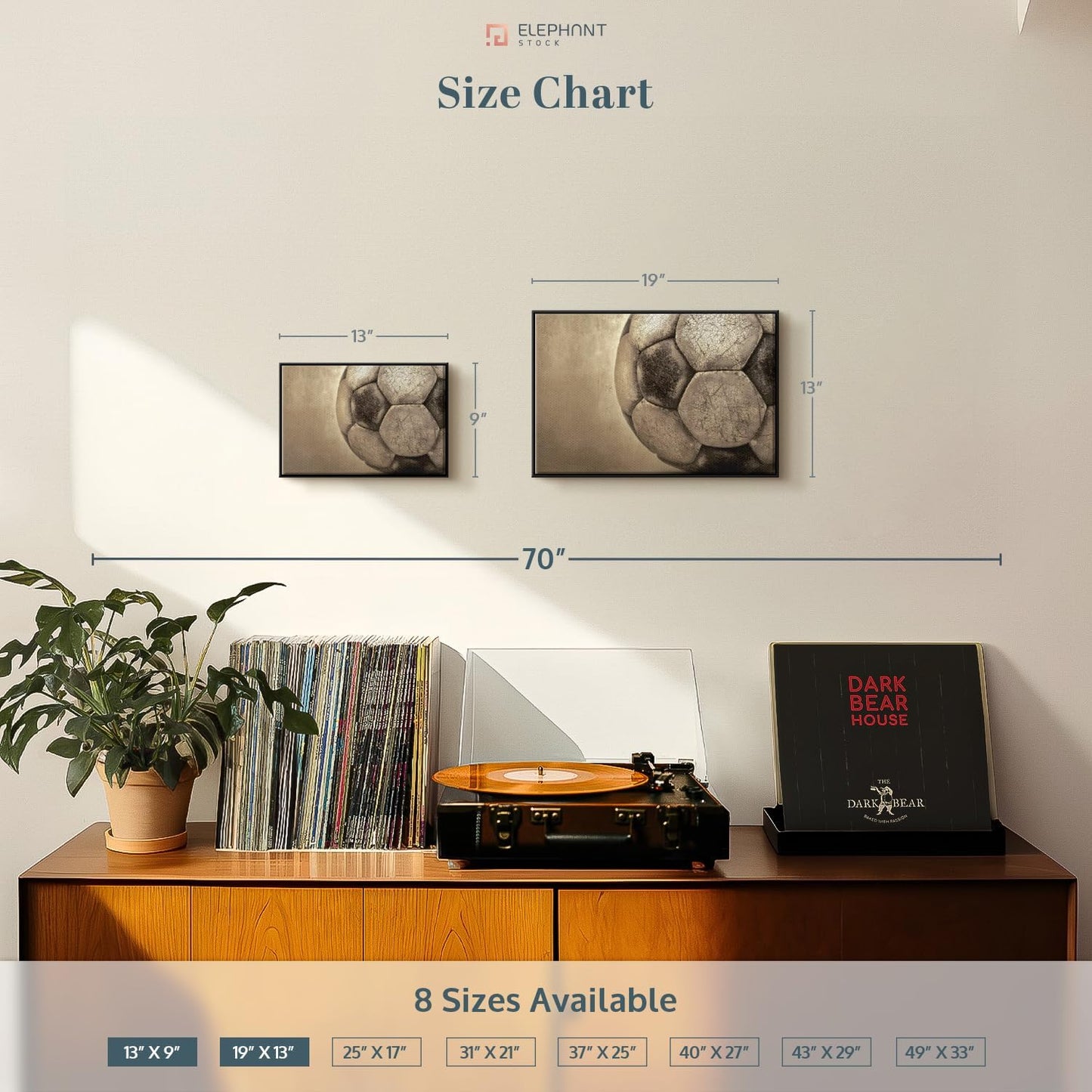 Elephant Stock Worn Soccer Ball Wall Art - Horizontal Framed Canvas - 1-Piece Living Room Wall Decor - Photography sports Canvas Print - Brown and Gray Decor for Wall - 13" X 9"