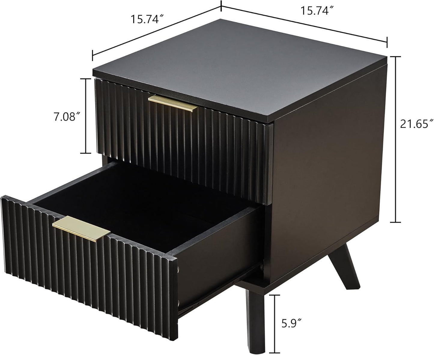 Fluted Nightstand, Mid Century Modern 2 Drawer Bedside Table for Bedroom, Small Dresser Night Stand Side Table End Tables with Wood Drawer Storage for Bedroom Closet(Black)