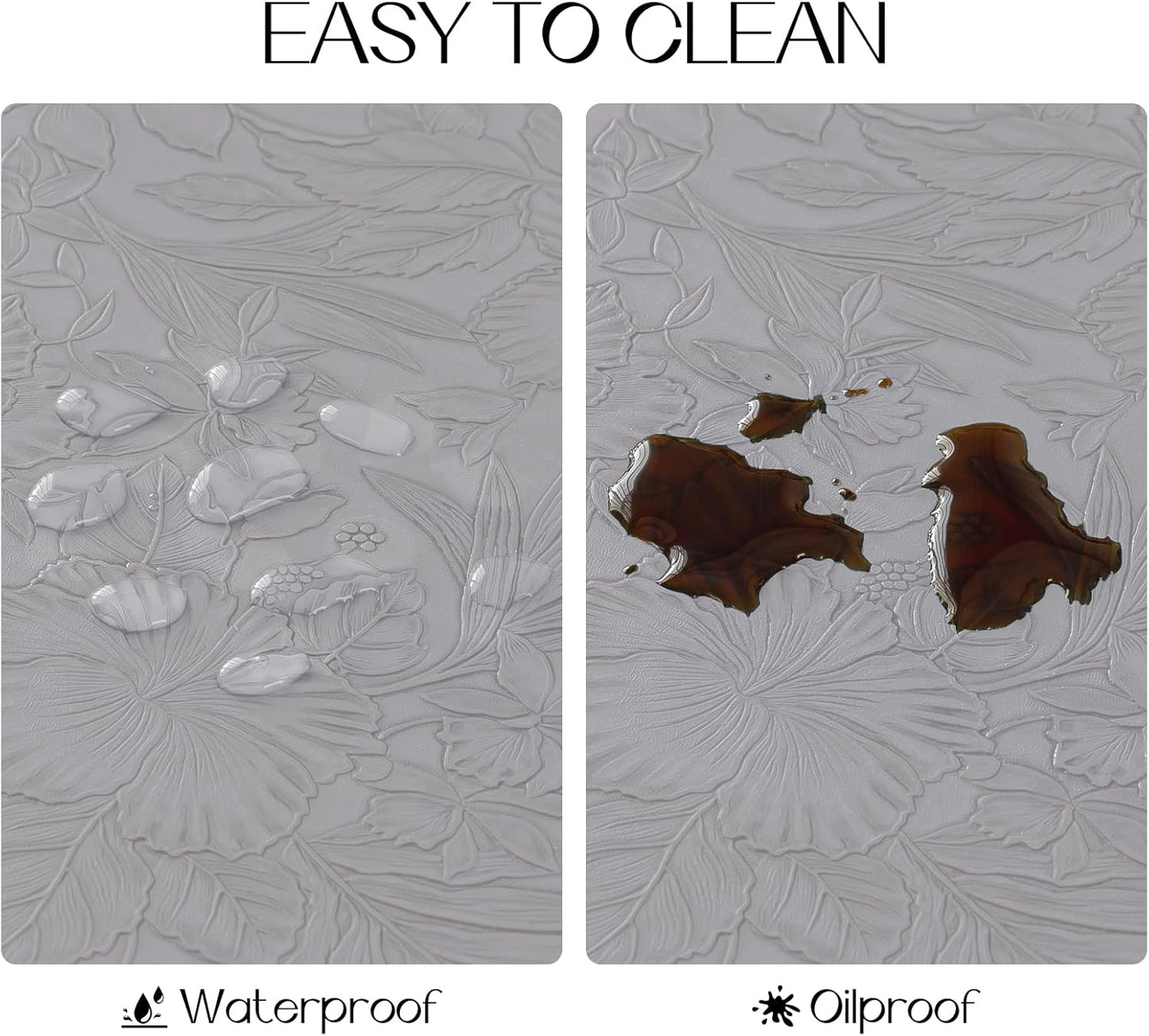 Romanstile Vinyl Placemats Set of 4-12 X 18 Inch - Heat Resistant Non-Slip Embossed Floral Place Mats 100% Waterproof Oilproof Wipeable Faux Leather Table Mats for Kitchen/Dining/Party, Grey