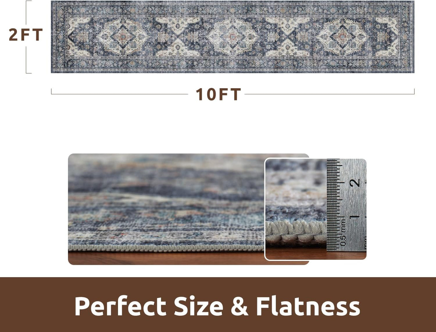AMOAMI-2X10 Runner Rug-Washable Runners for Hallways-Soft Non Slip Bedside Rugs for Bedroom-Vintage Long Rug for Hallways Entryway Laundry Room Stair Kitchen Bathroom Blue