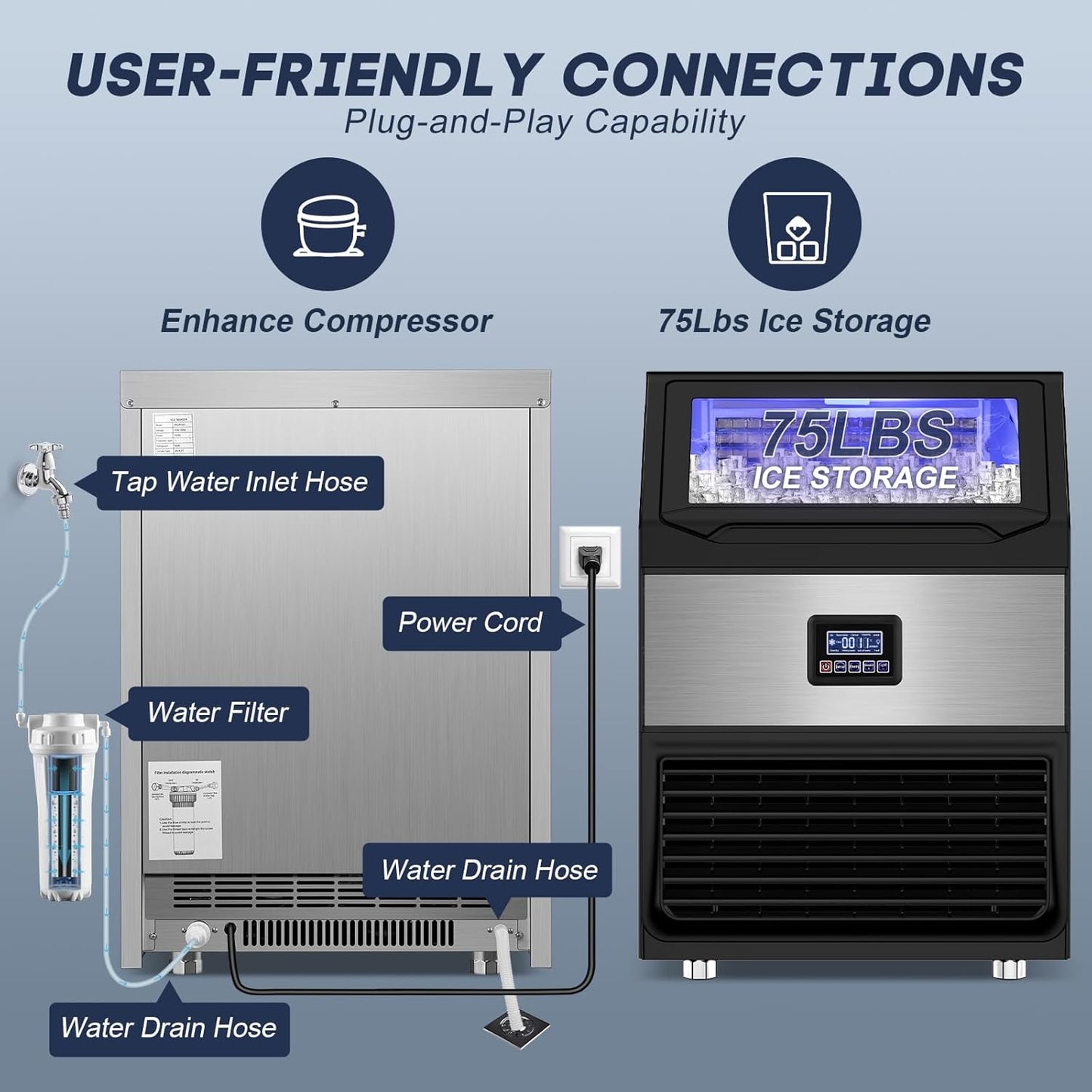 Commercial Ice Maker Machine 300LBS/24H with 75LBS Storage Bin, Stainless Steel Undercounter/Freestanding Ice Maker Machine for Home Bar Outdoor, 108PCS Ice Cubes Ice Machine, Self Cleaning