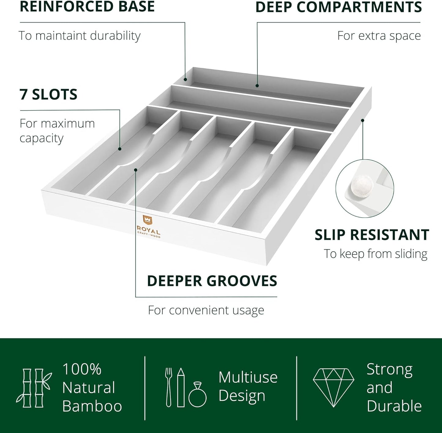 ROYAL CRAFT WOOD Luxury Bamboo Kitchen Drawer Organizer - Silverware Organizer - Utensil Holder and Cutlery Tray with Grooved Drawer Dividers for Flatware and Kitchen Utensils (7 Slot, White)