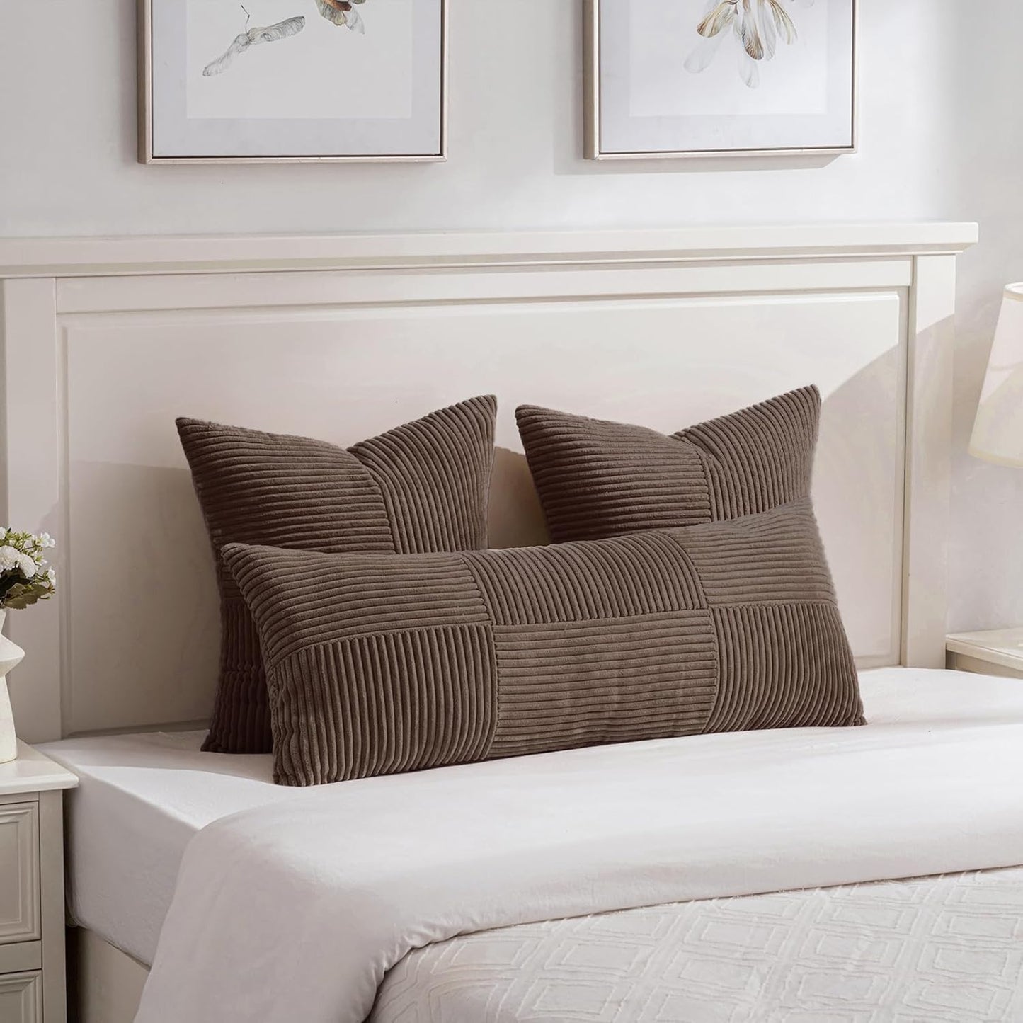 Fancy Homi Set of 2 Dark Brown Boho Long Lumbar Body Decorative Throw Pillow Cover 14x36 Inch for Bed Couch Bedroom Bench, Soft Patchwork Corduroy Textured Pillow Case, Rustic Farmhouse Room Décor